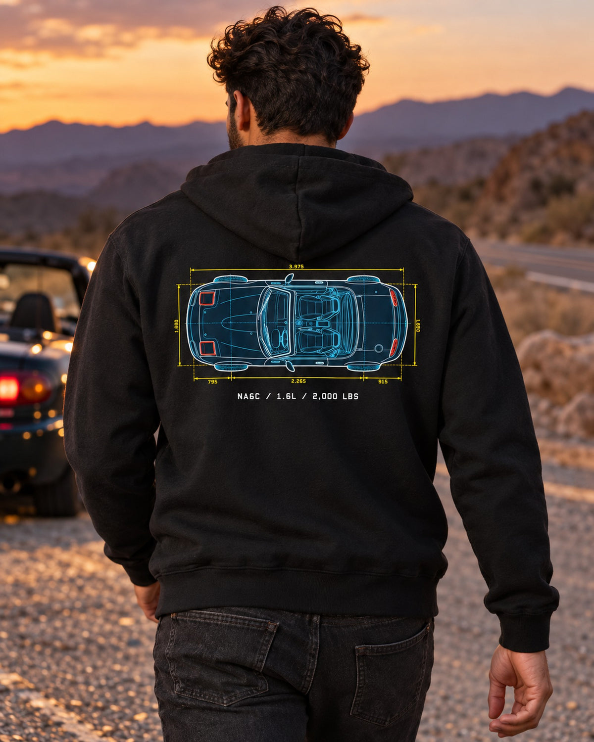 Mazda MX-5 NA6C 1.6L Blueprint Shirt, 2,000 LBS Miata Tee Zip Hoodie Black worn hero