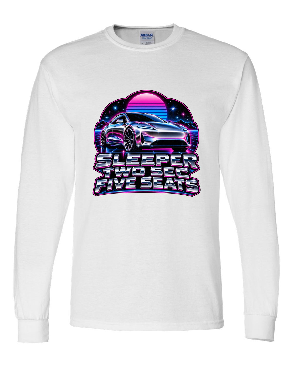 80s chrome airbrush art of a 2021 Tesla Model S Plaid with the words Sleeper Two Sec Five Seats white long sleeve front view with the design