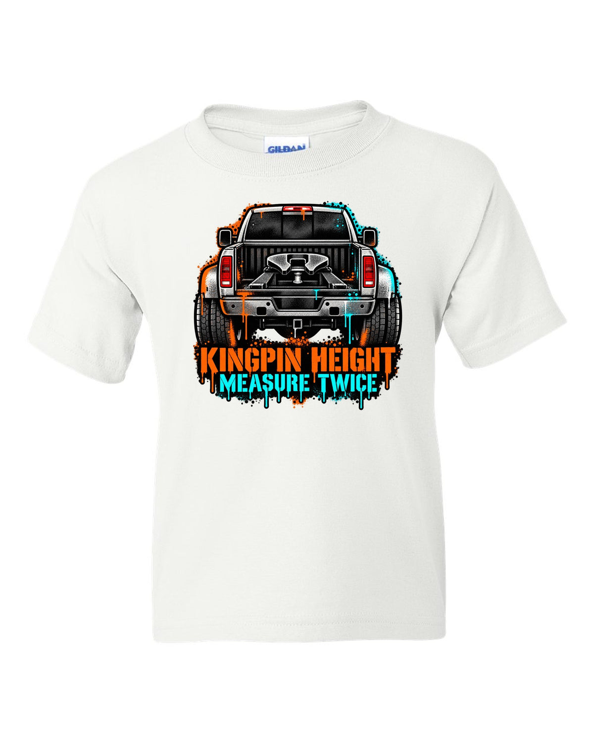 Stencil spray-art print of a 2010-2018 Ram 3500 6.7 Cummins rear with fifth wheel and kingpin height text white kids tee front view with the design