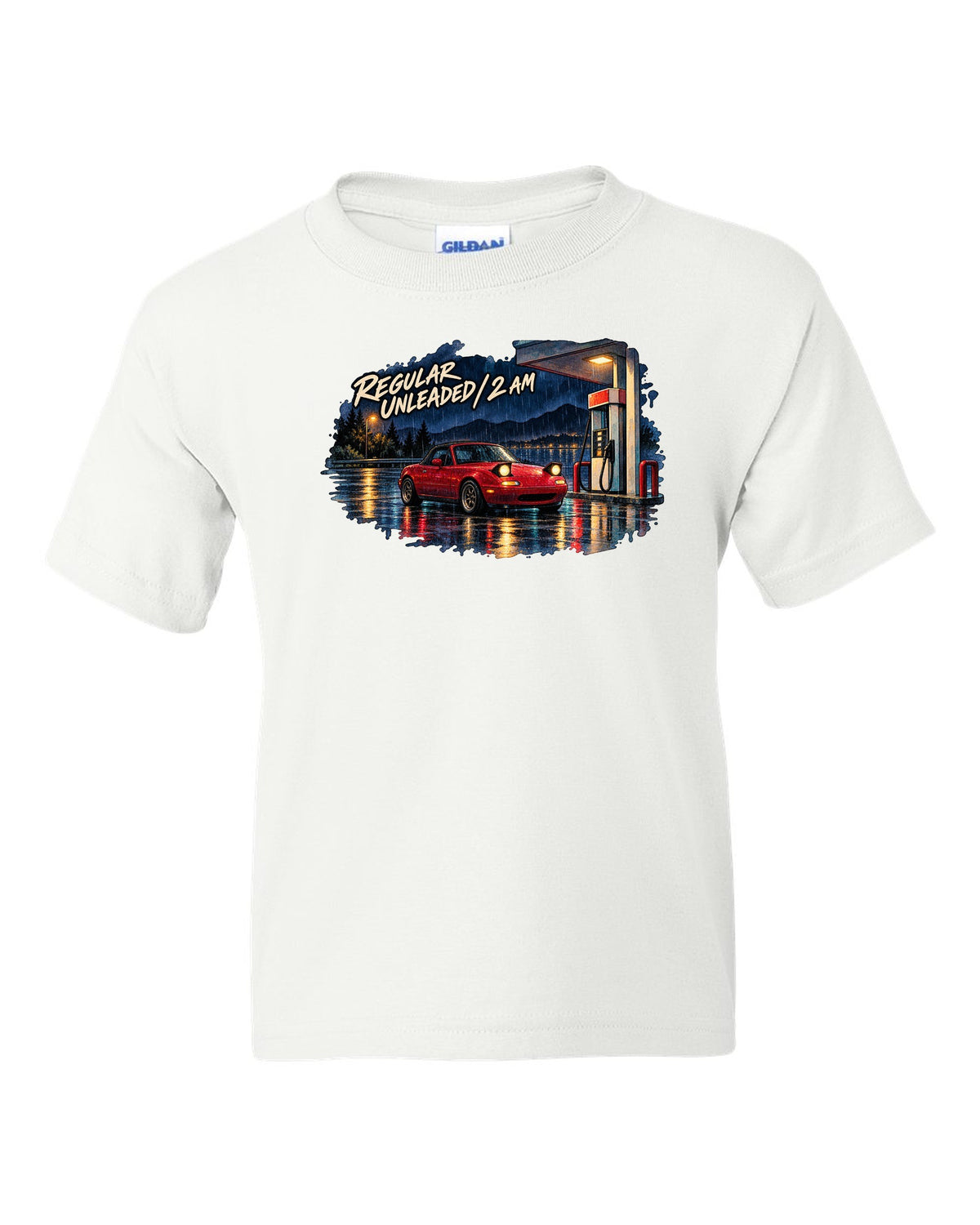 Watercolour wet-road night scene of a Mazda MX-5 NA at a fuel stop white kids tee front view with the design