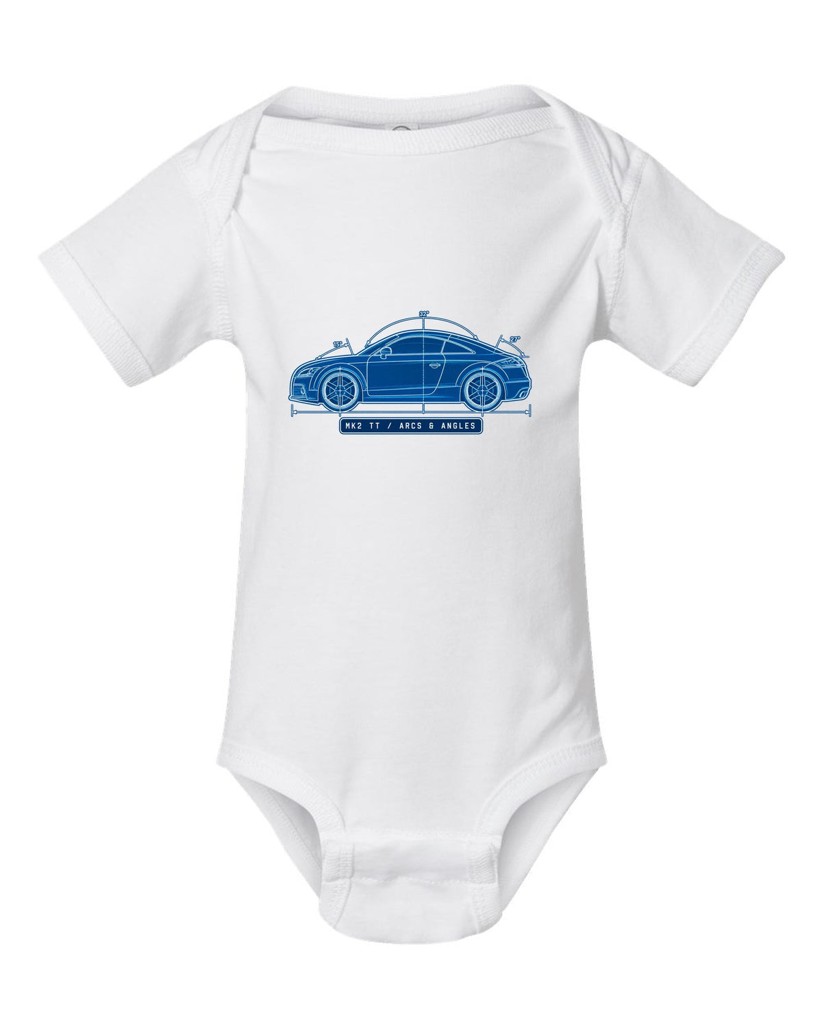 Cyanotype negative blueprint print of an Audi TT 8J coupe with Mk2 TT text white baby onesie front view with the design