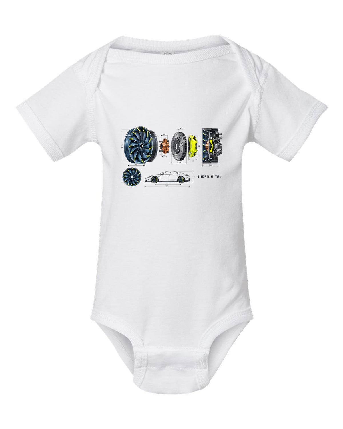 Porsche Taycan Turbo S 9J1 turbine wheel engineering schematic print with the text Turbo S 761 white baby onesie front view with the design