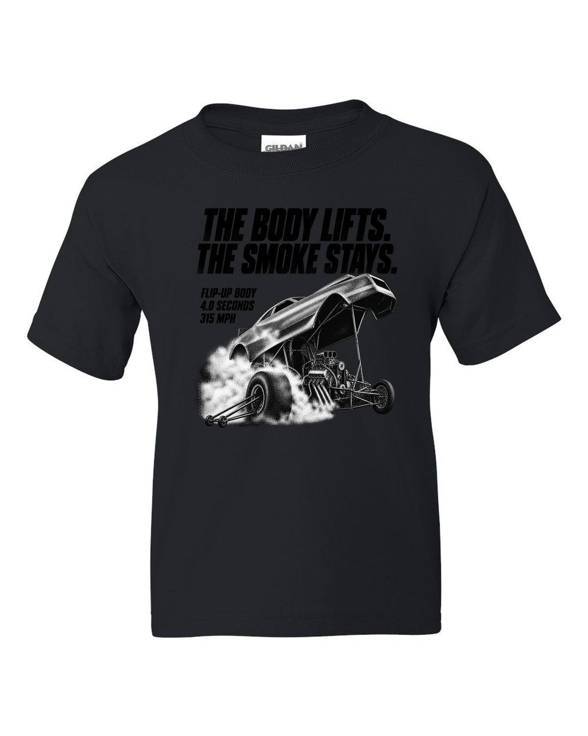 Funny Car flip-up body halftone print with 4.0 seconds and 315 mph text black kids tee front view with the design