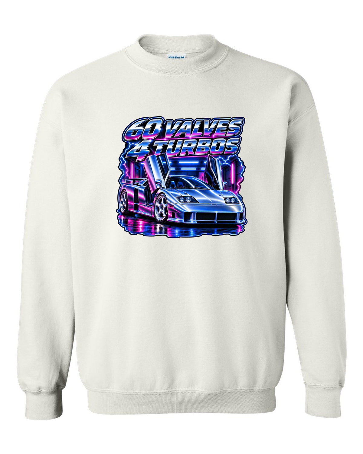 90s airbrush chrome print of a Bugatti EB110 SS with 60 valves and 4 turbos lettering white crewneck front view with the design