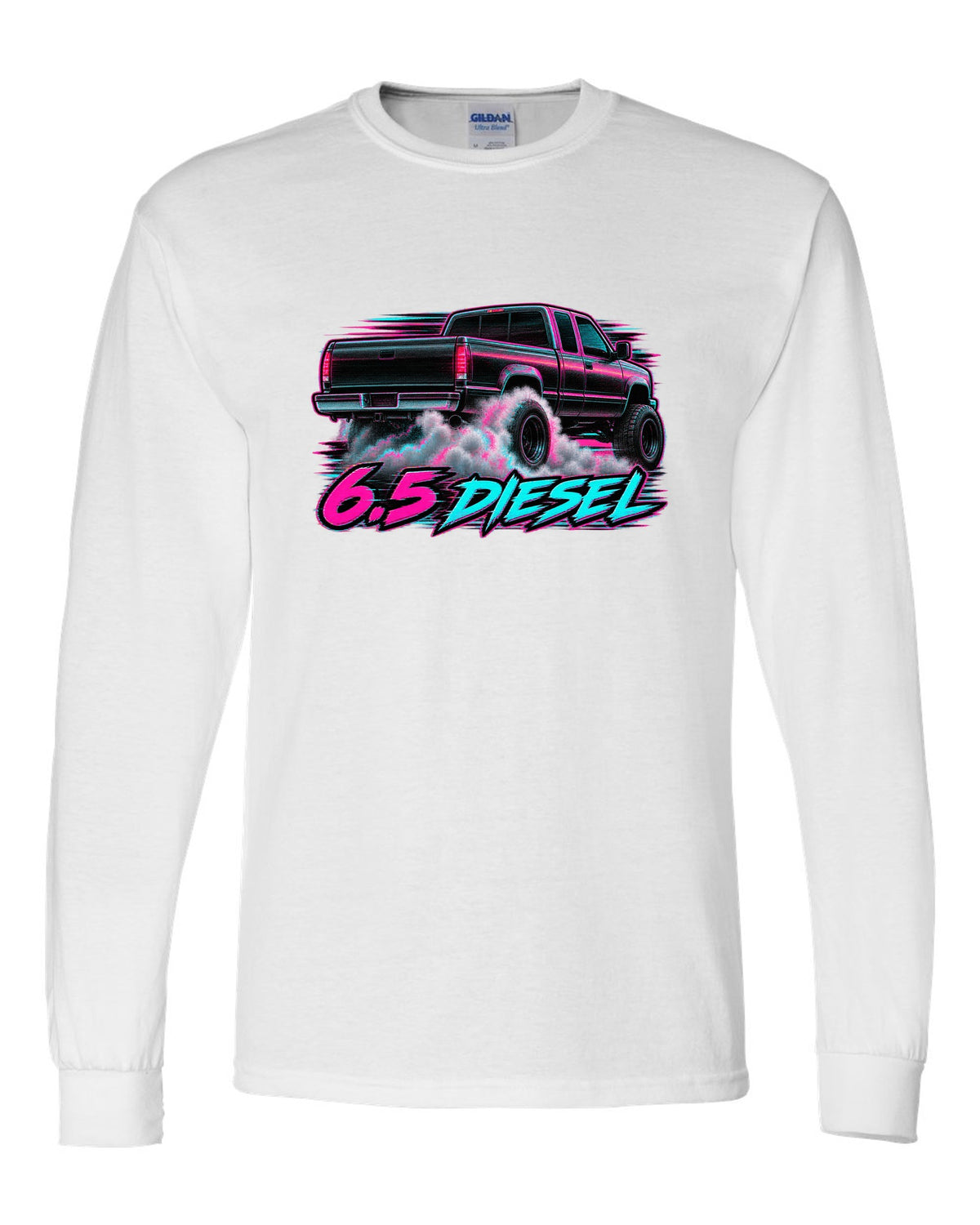 VHS glitch burnout print of a 1988-1998 Chevrolet GMT400 C2500 with 6.5 Diesel text white long sleeve front view with the design