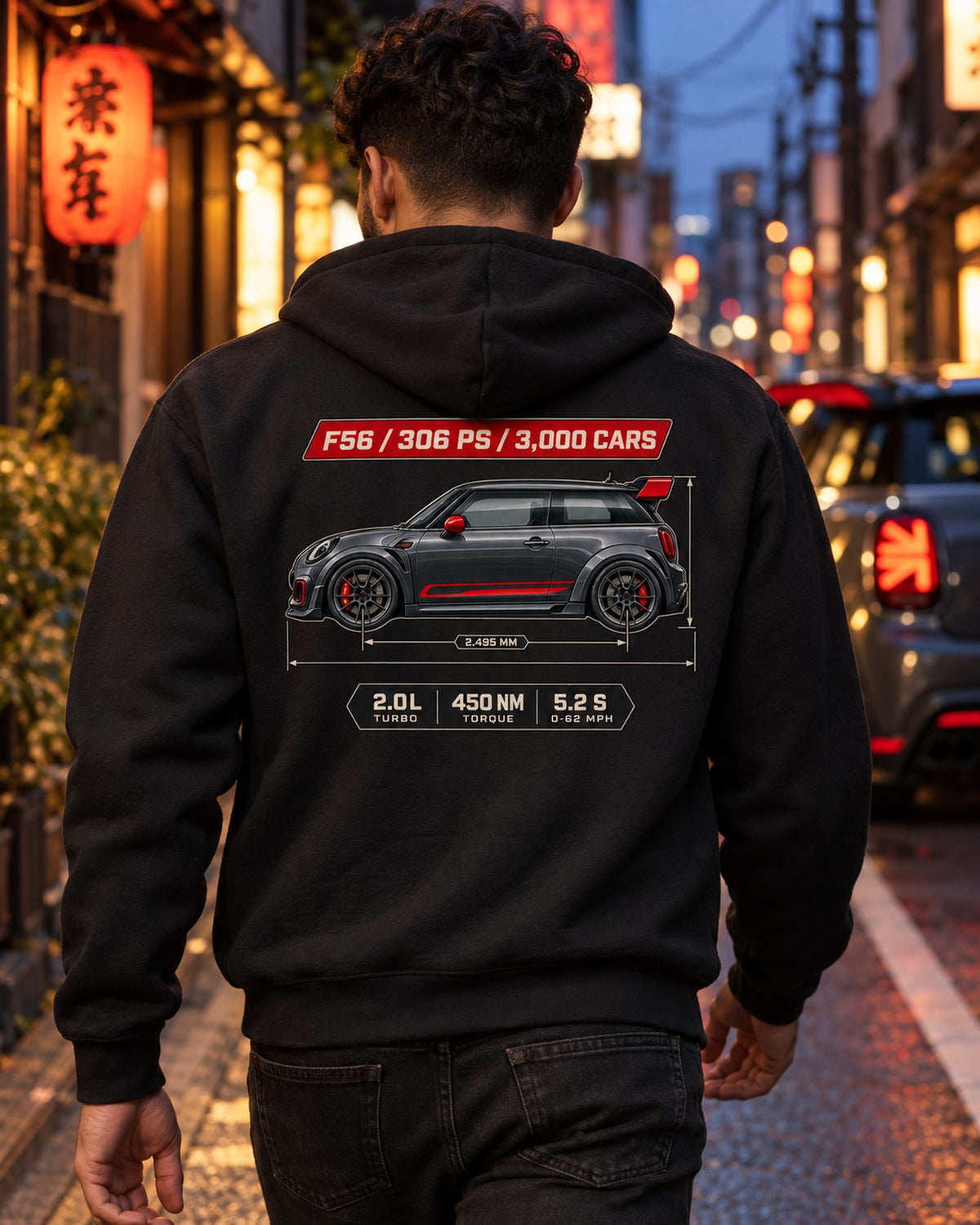 Mini JCW GP F56 2020 Blueprint Shirt, 3,000 Cars, 306 PS Zip Hoodie Black worn hero