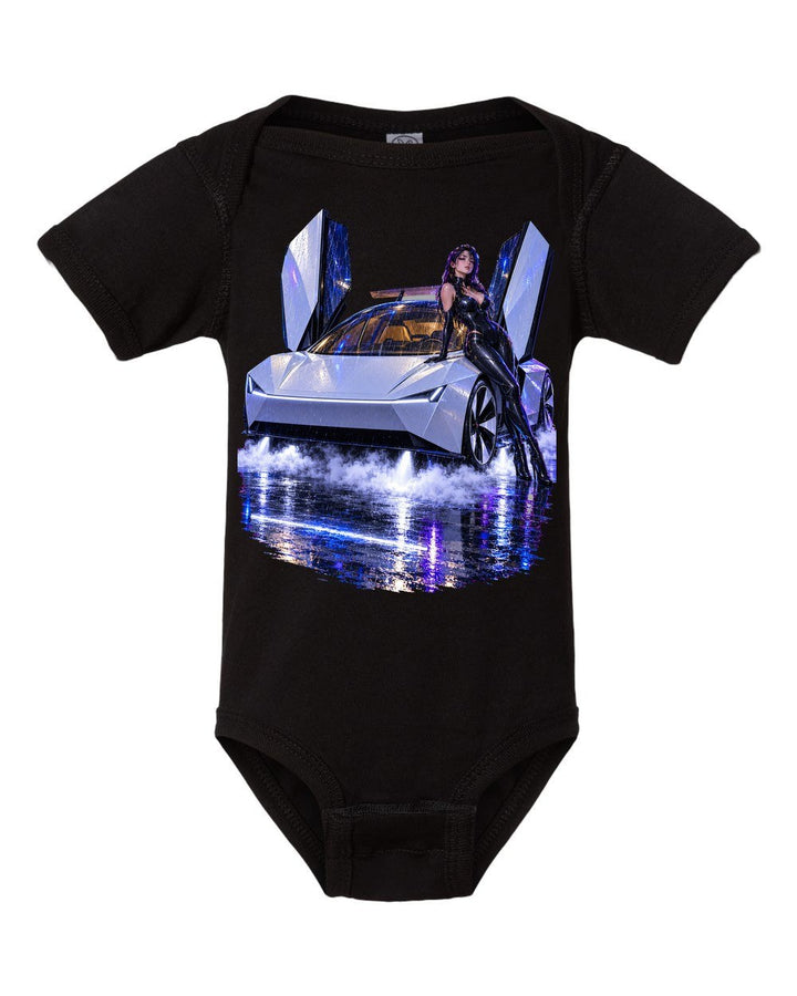 Tesla Roadster Neon Anime Girl Baby Onesie Black front