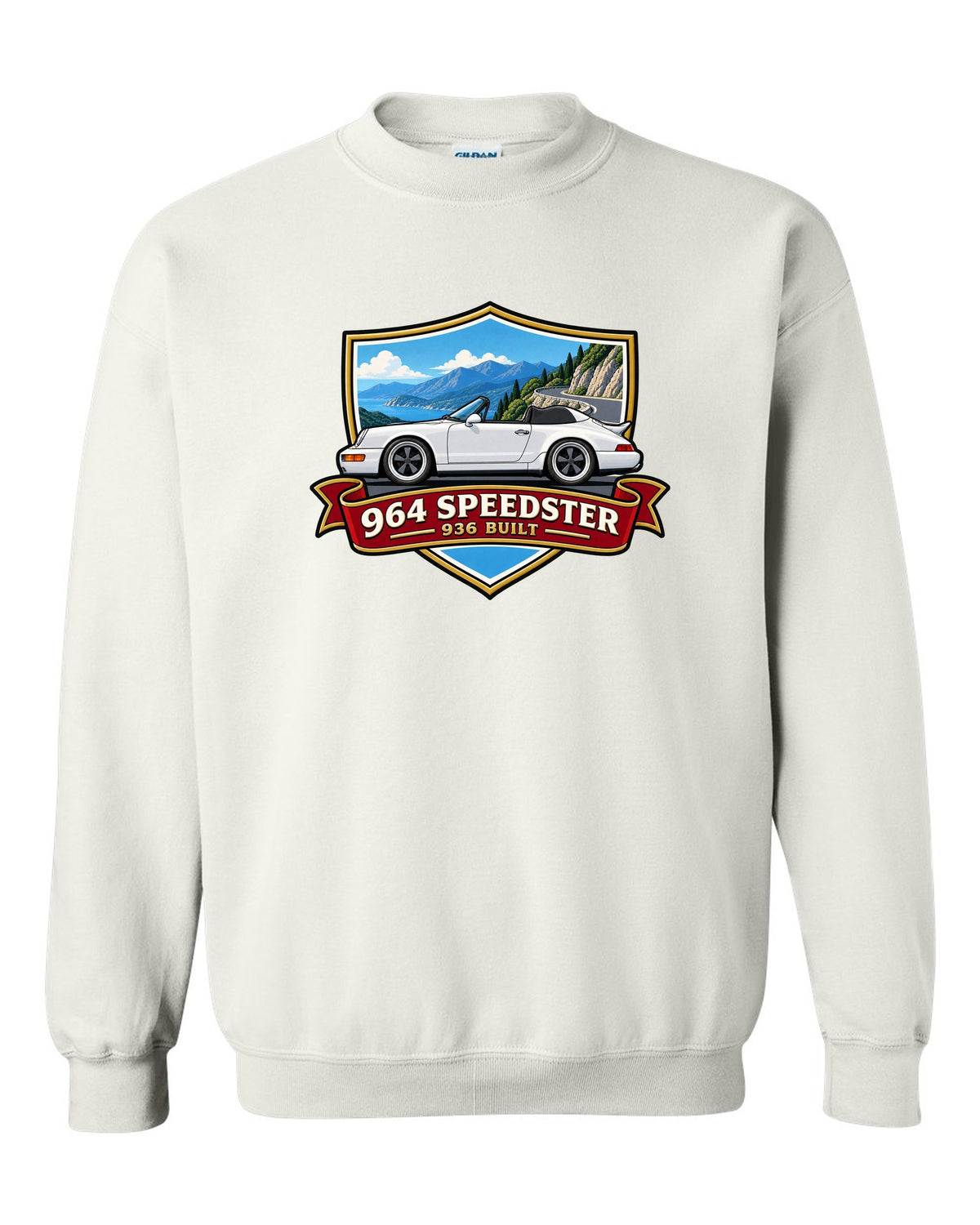 Shield crest design for the Porsche 964 Speedster with 936 built lettering white crewneck front view with the design