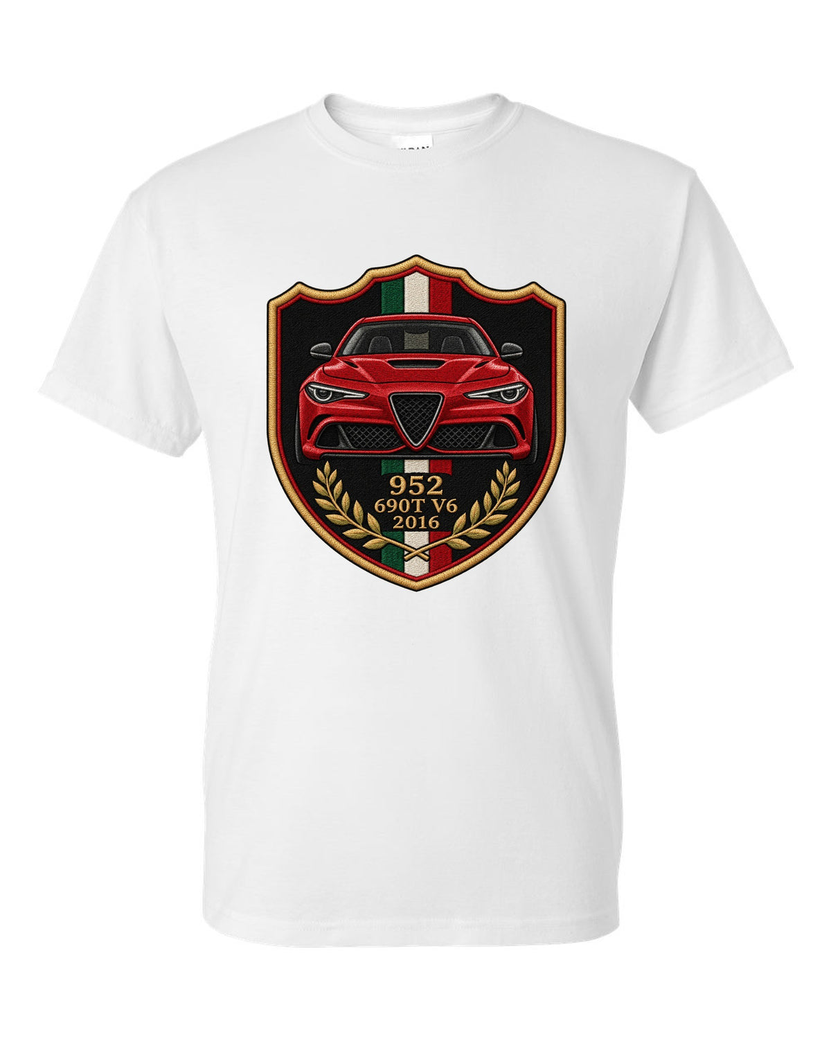 Embroidery style varsity crest for an Alfa Romeo Giulia Quadrifoglio 952 with 690T V6 and 2016 white t-shirt front view with the design