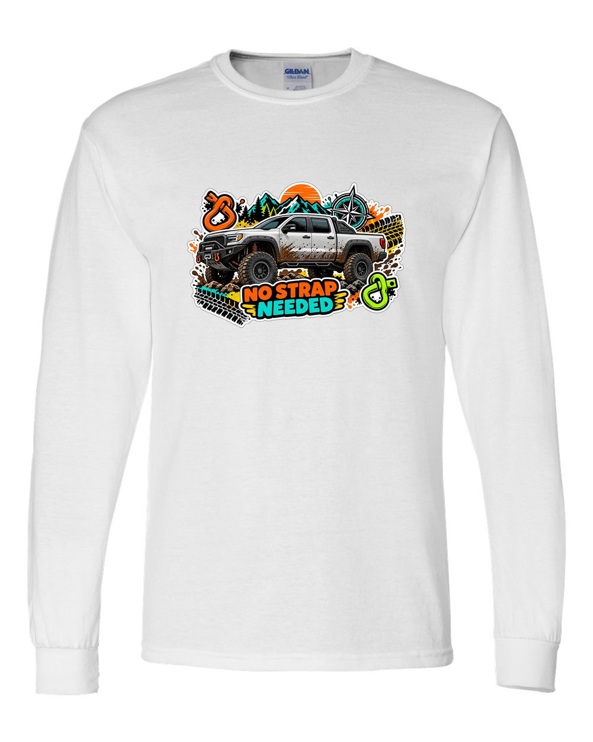 Sticker bomb collage print of a Ram Power Wagon 2500 4x4 with No Strap Needed text white long sleeve front view with the design