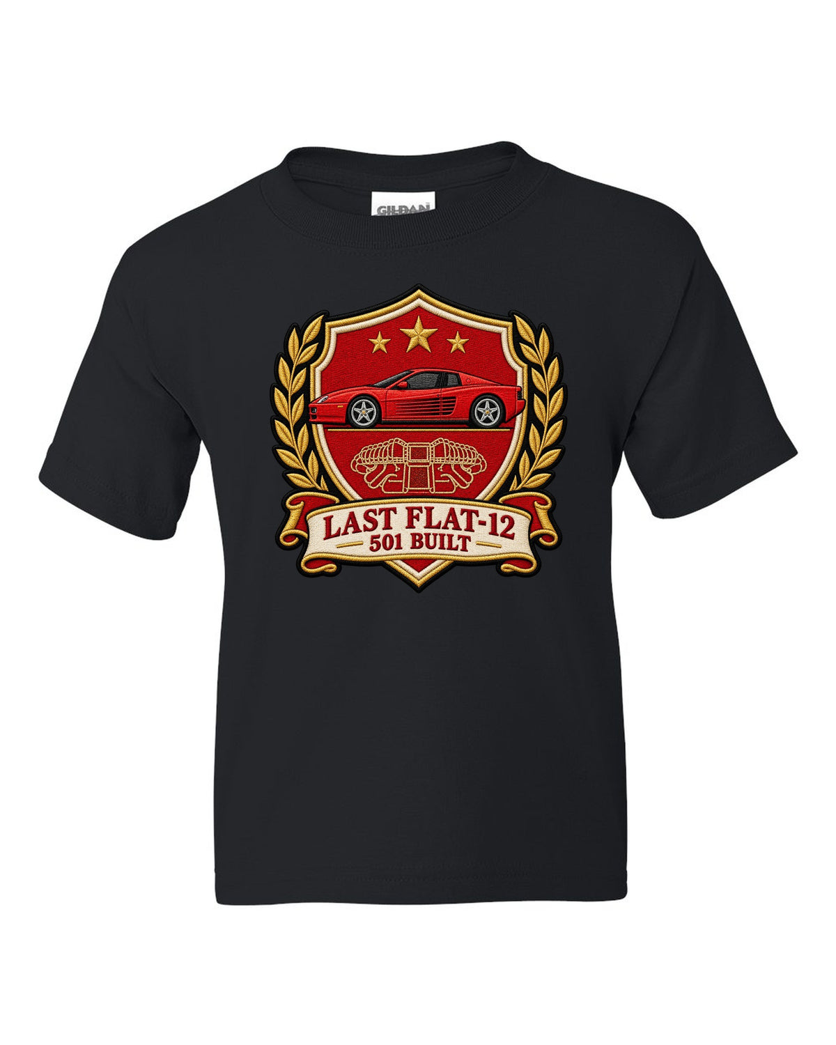 Varsity crest print for the Ferrari F512 M with the text last flat-12, 501 built black kids tee front view with the design