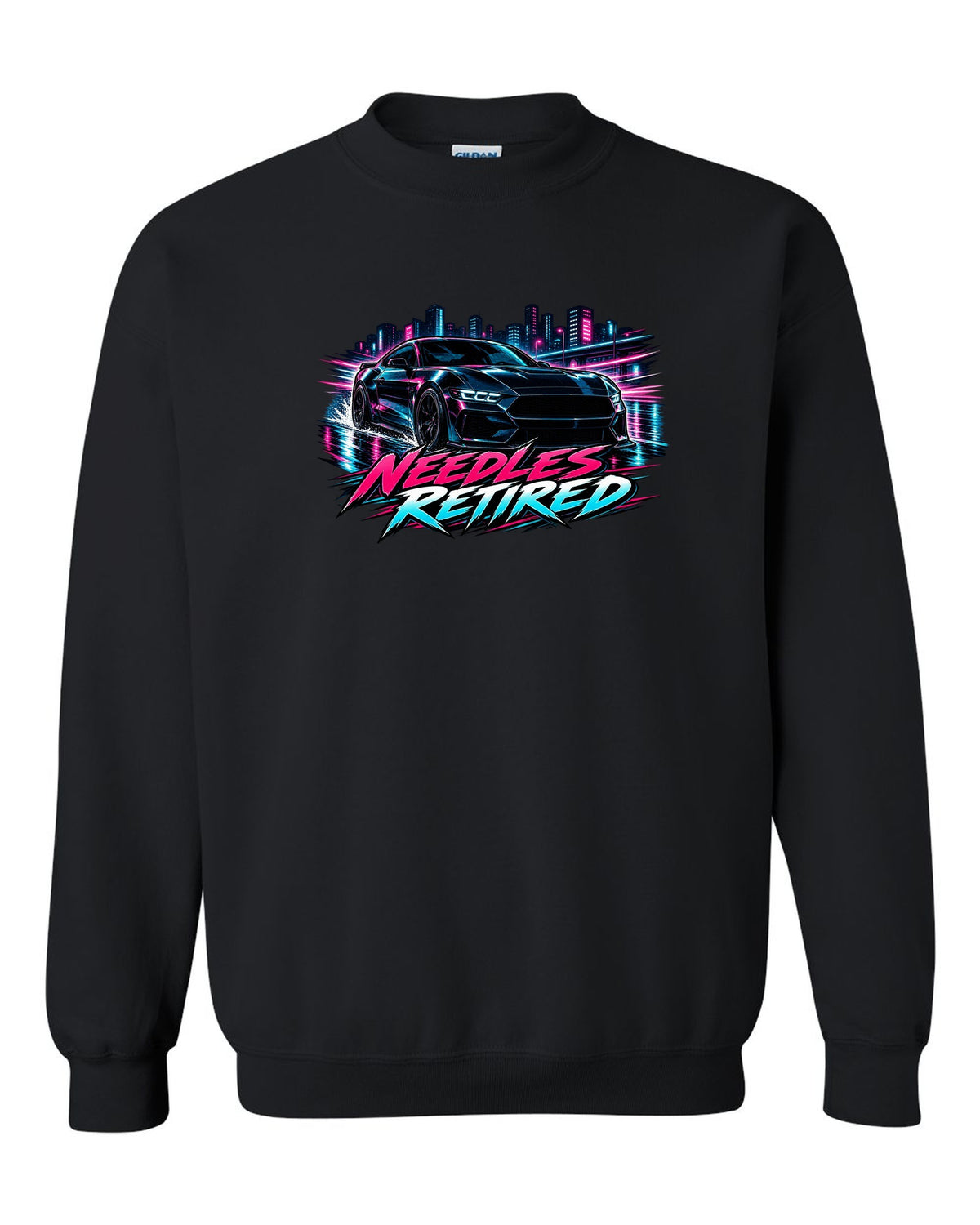 Cel-shaded anime night touge print of a 2024 S650 Mustang coupe with Needles Retired text black crewneck front view with the design