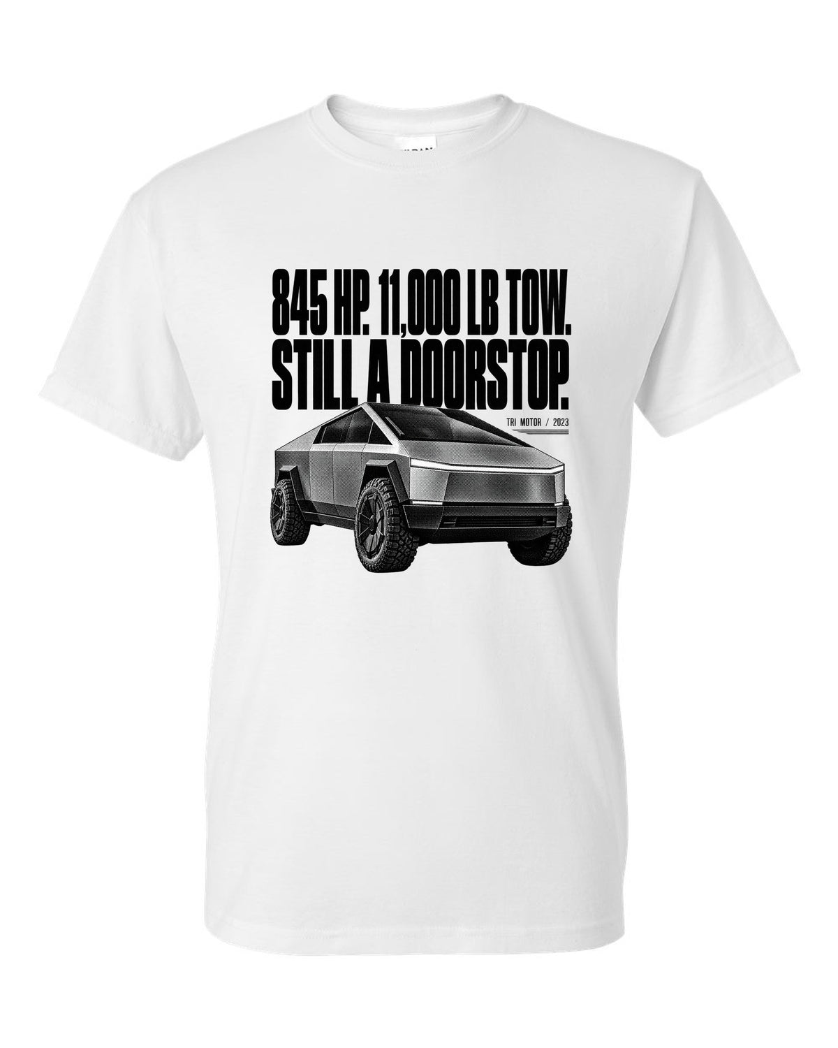 Halftone Tesla Cybertruck Cyberbeast front three-quarter with 845 HP and 11,000 lb tow text white t-shirt front view with the design