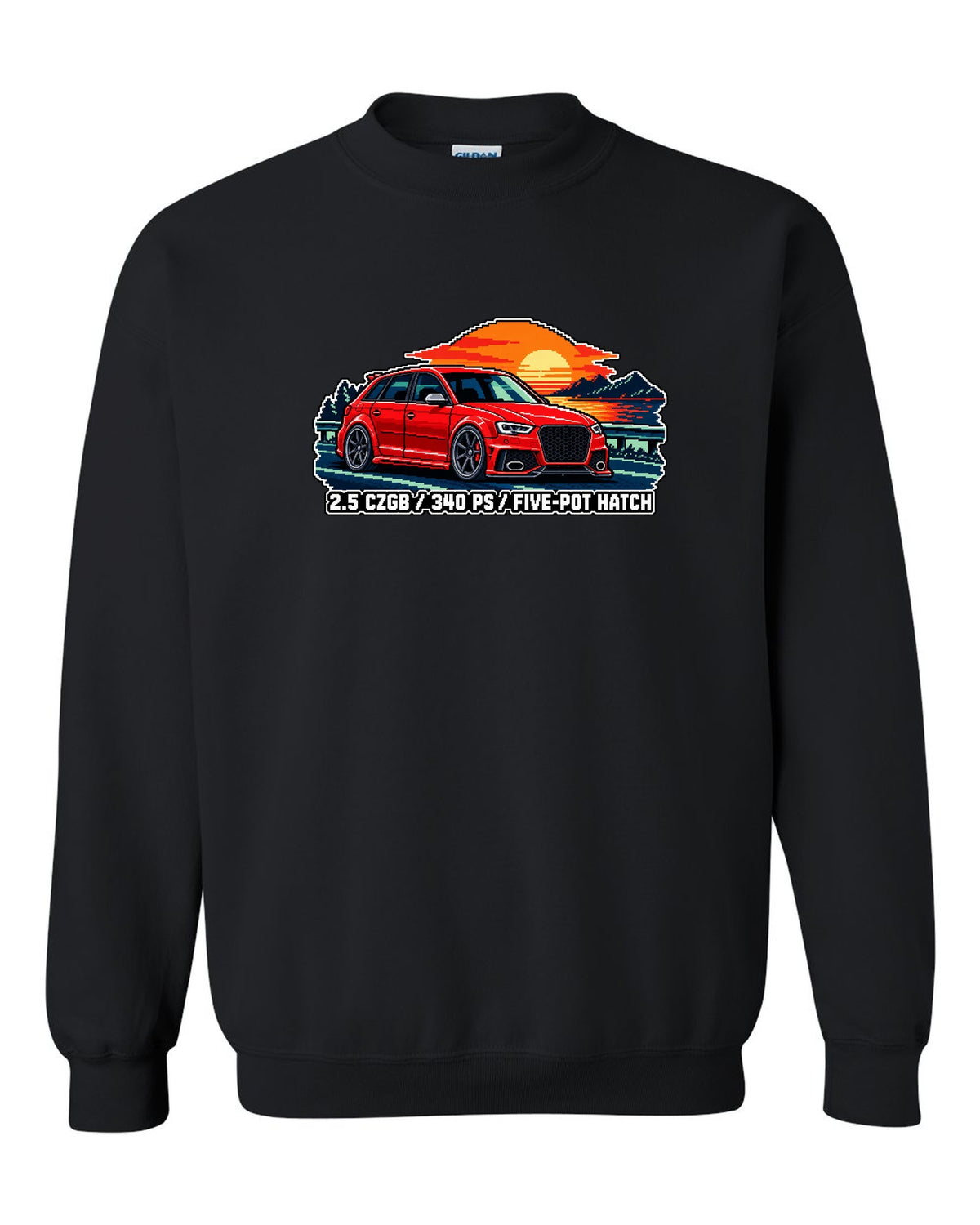 16-bit pixel art print of an Audi RS3 Sportback 8P with 2.5 CZGB text black crewneck front view with the design