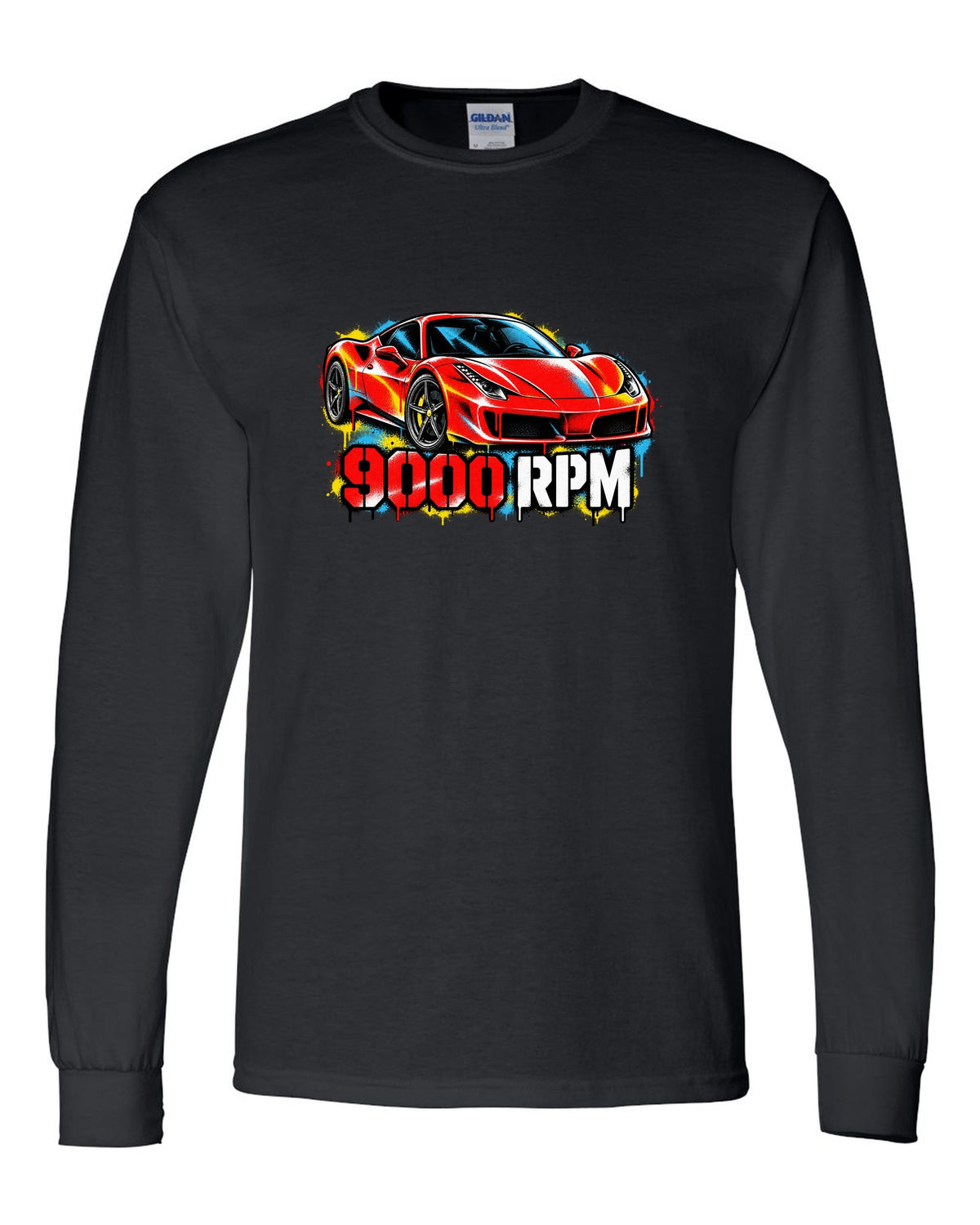 Stencil spray street art of the Ferrari 458 Italia with 9000 RPM text black long sleeve front view with the design