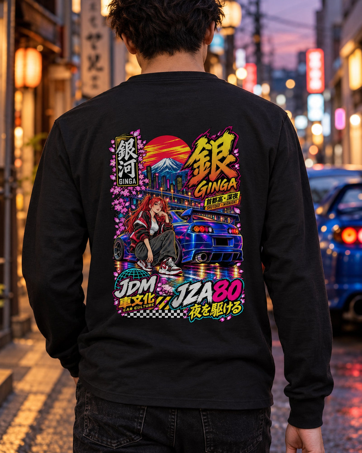 GINGA JZA80 Anime Girl Full-Back Graphic Tee Long Sleeve Black worn hero