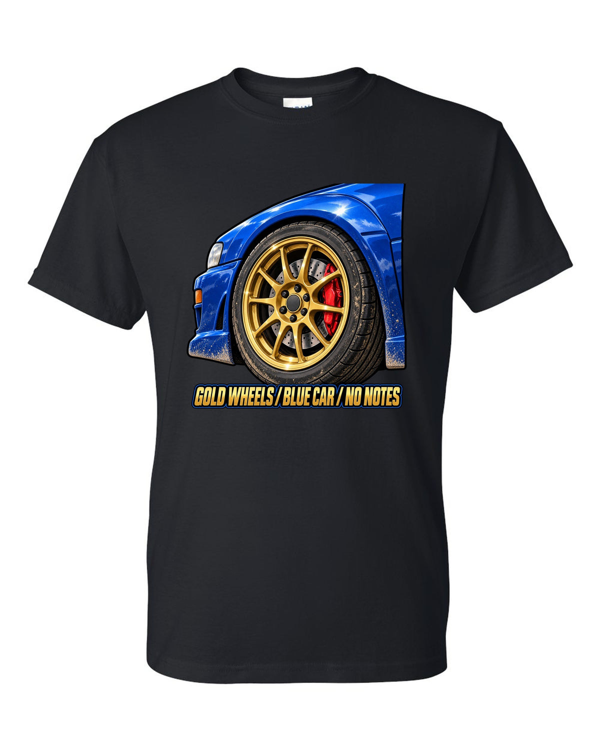 Subaru Impreza WRX GC8 painterly gold wheel close-up on a blue car, GOLD WHEELS / BLUE CAR / NO NOTES black t-shirt front view with the design