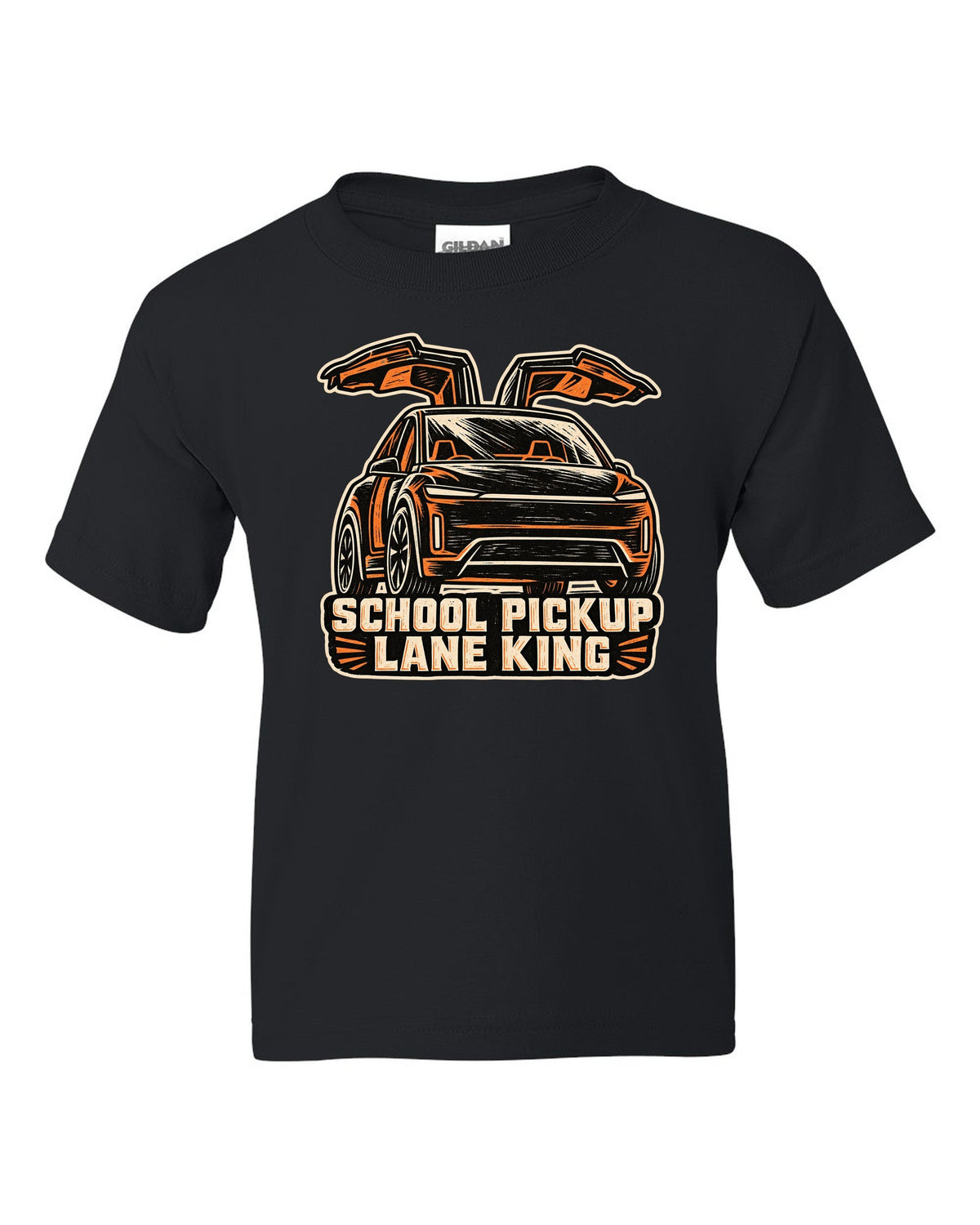 Chunky linocut woodblock print of a Tesla Model X reading School Pickup Lane King black kids tee front view with the design