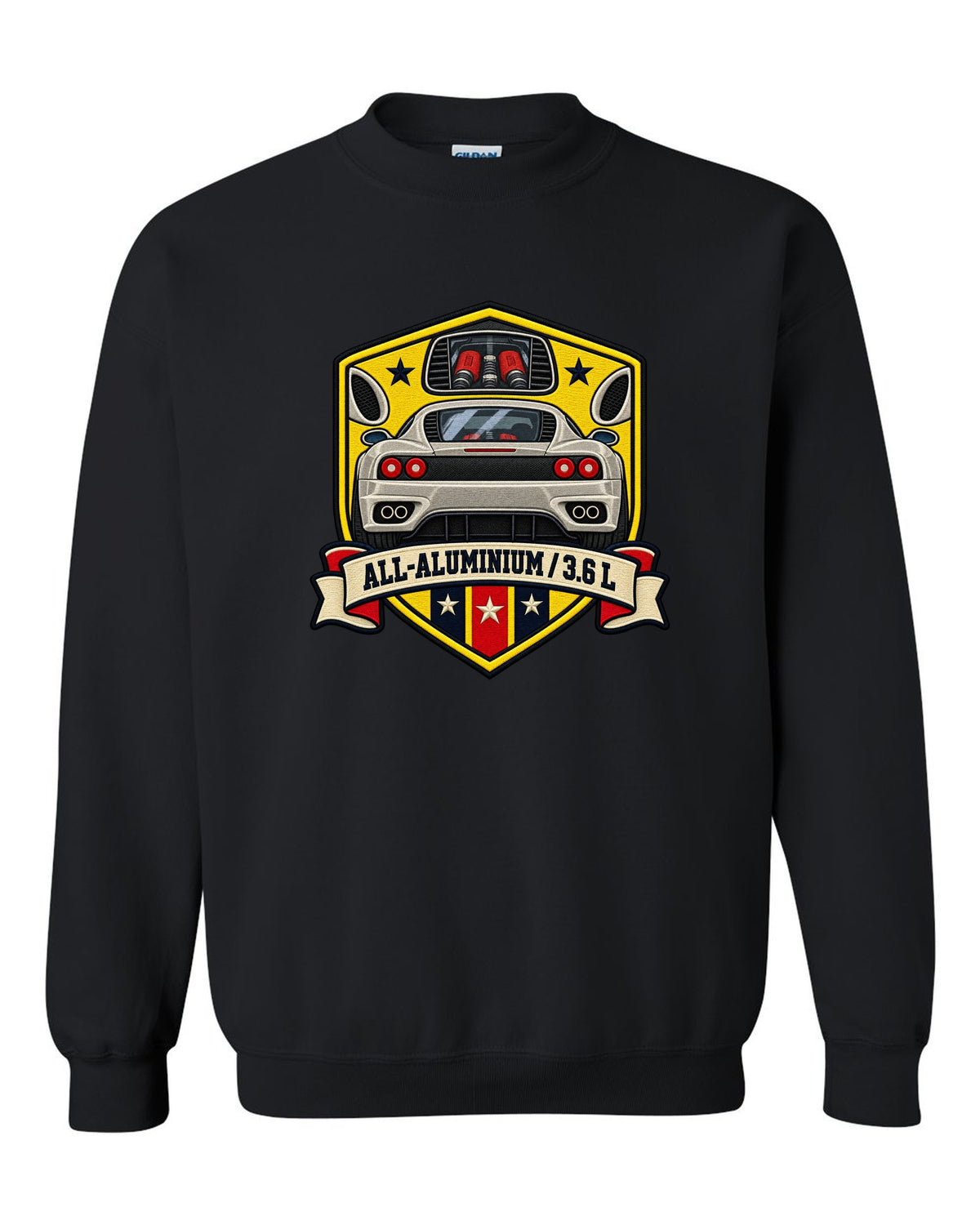 Shield crest print for the Ferrari 360 Modena with All-Aluminium and 3.6 L lettering black crewneck front view with the design