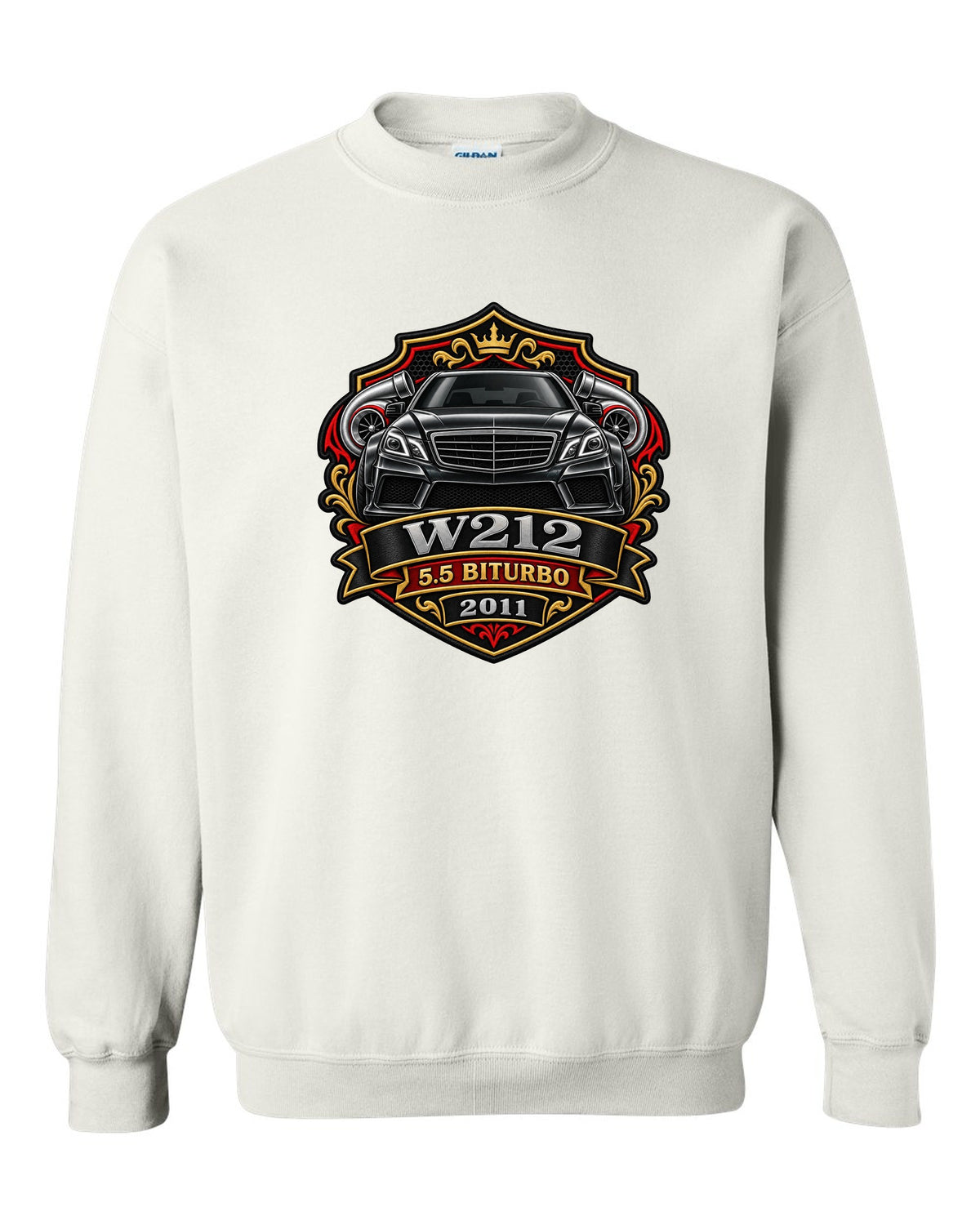 Varsity crest graphic reading W212 5.5 Biturbo 2011 for the Mercedes E63 W212, print white crewneck front view with the design