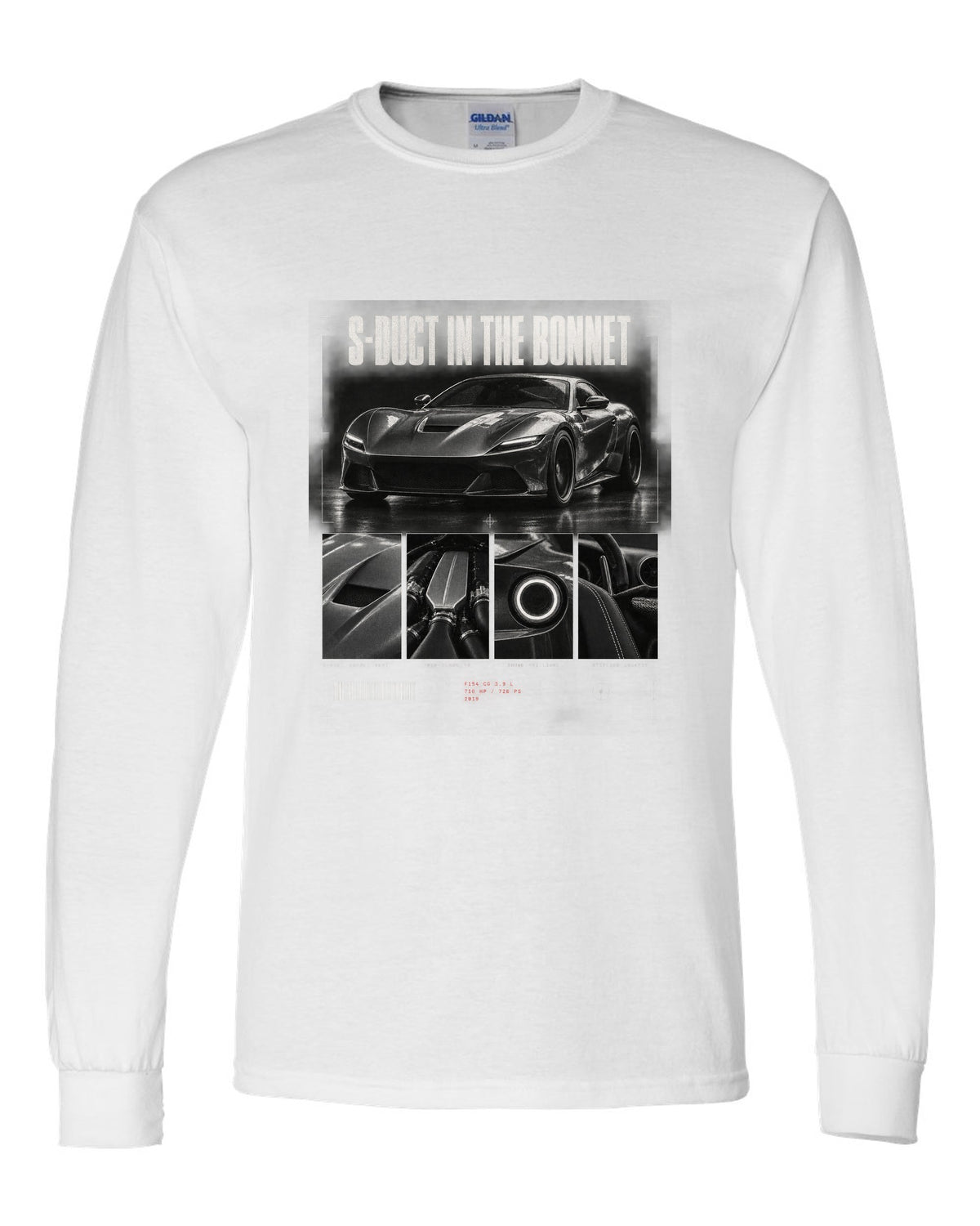 Dossier panel print of a Ferrari F8 Tributo with S-duct in the bonnet and 720 PS text white long sleeve front view with the design