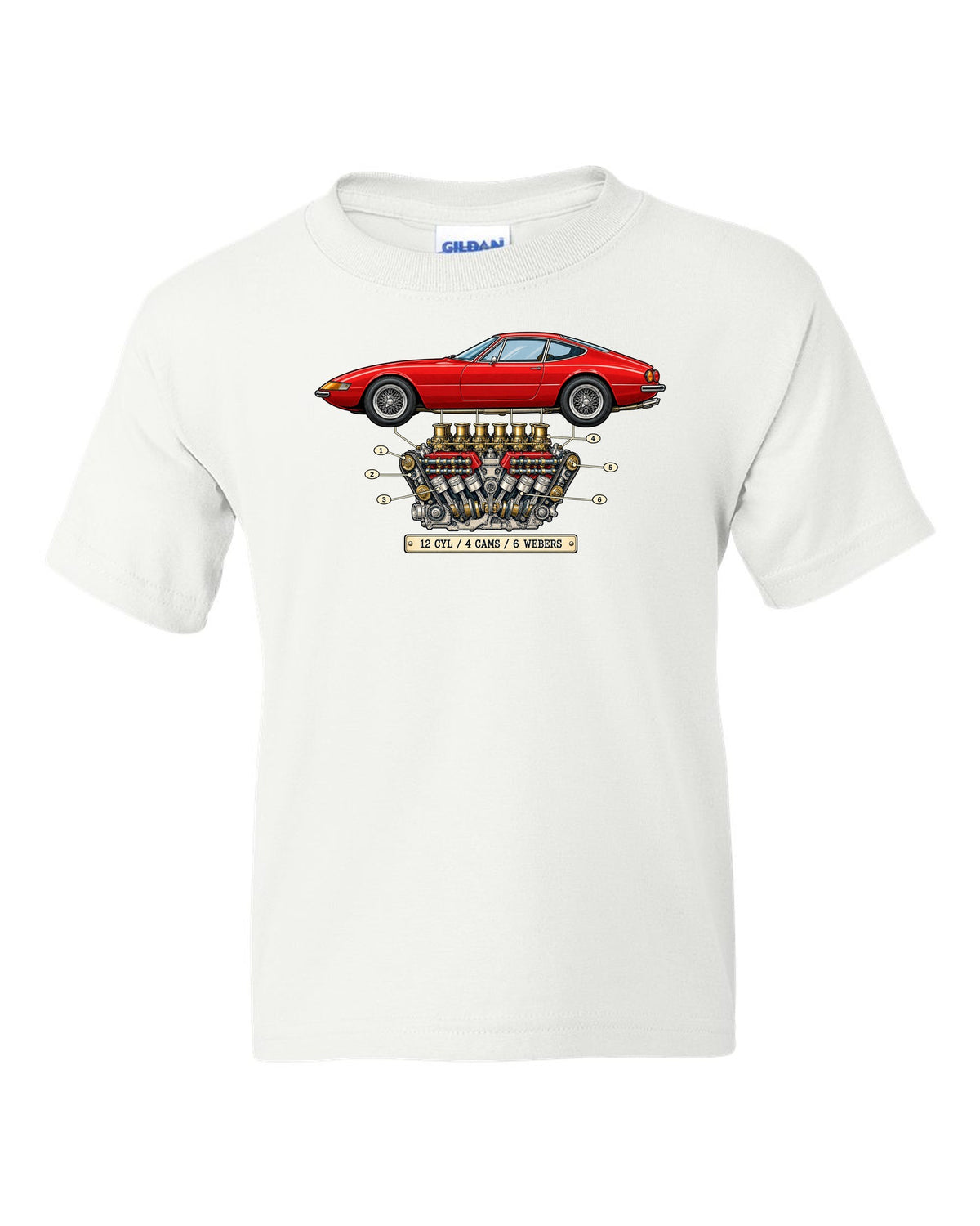 Patent-style drawing of the Ferrari 365 GTB/4 Daytona V12 engine white kids tee front view with the design
