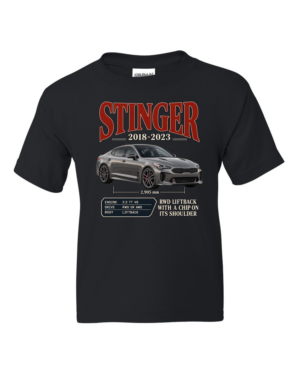 Kia Stinger GT archive panel print covering 2018 to 2023 black kids tee front view with the design