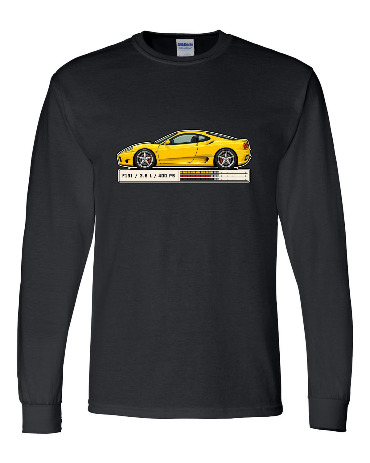 Spec sheet data plate print for the Ferrari 360 Modena listing F131, 3.6 L and 400 PS black long sleeve front view with the design
