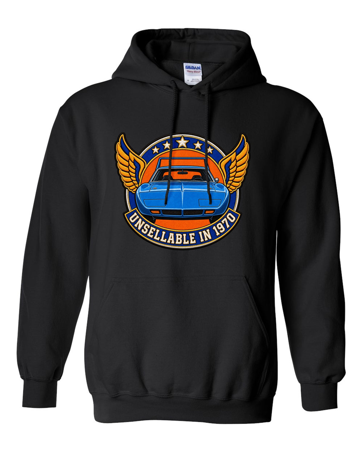 Embroidery-style varsity crest for the 1970 Plymouth Superbird with unsellable in 1970 text black pull over hoodie front view with the design