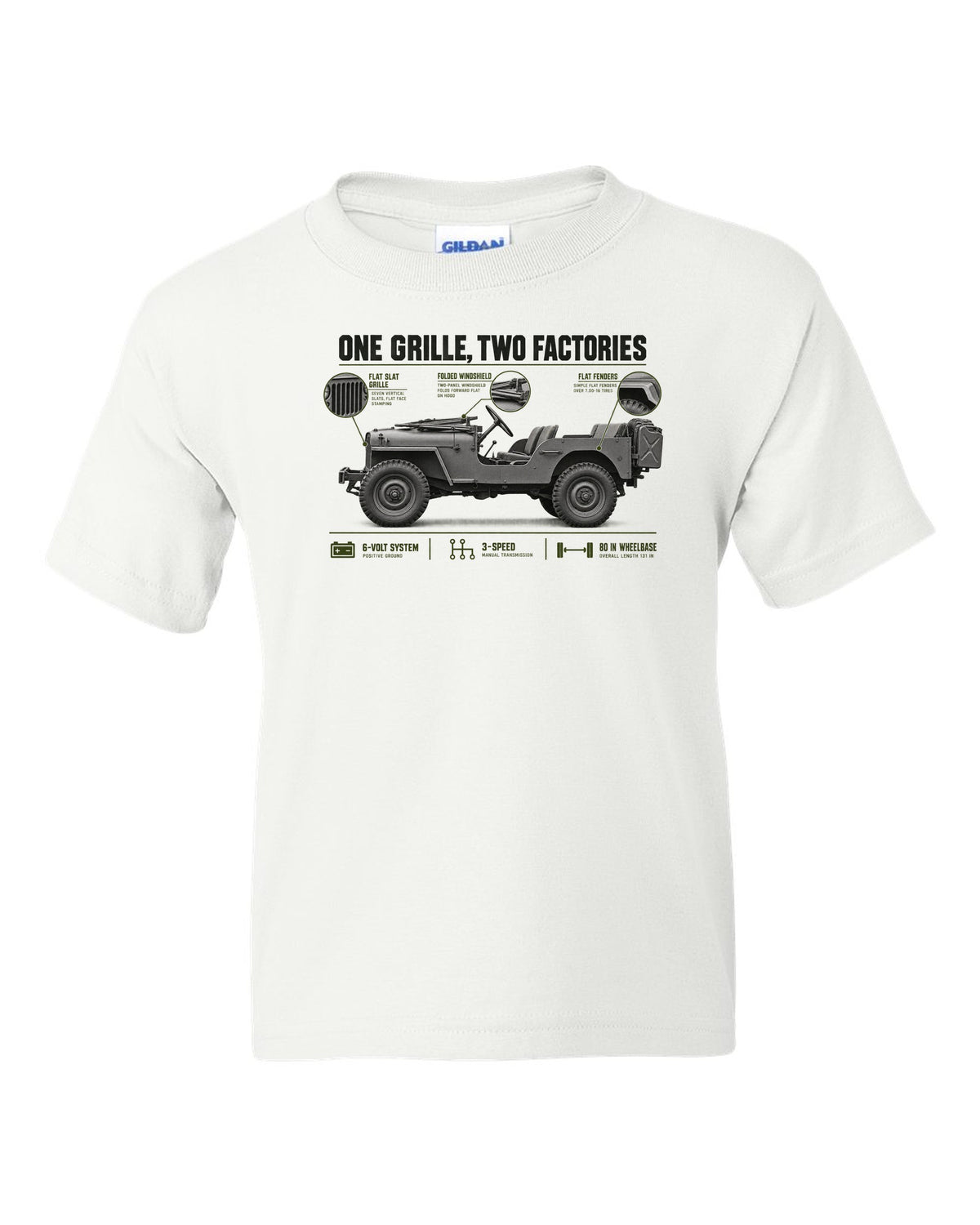 Spec poster print for the Willys MB and Ford GPW, 1941-1945 white kids tee front view with the design