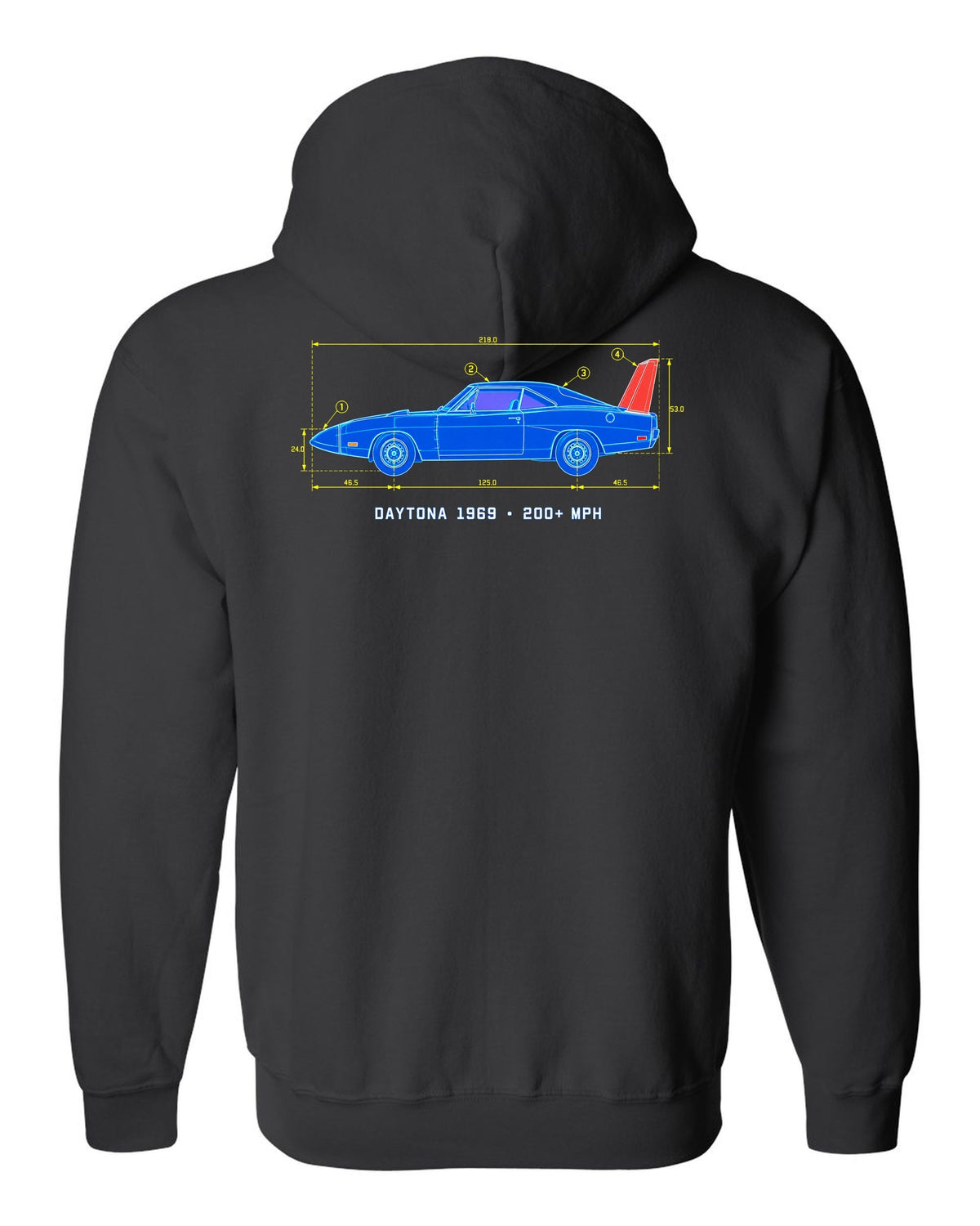 1969 Dodge Charger Daytona blueprint patent sheet print with 200+ MPH text black zip hoodie back view with the design