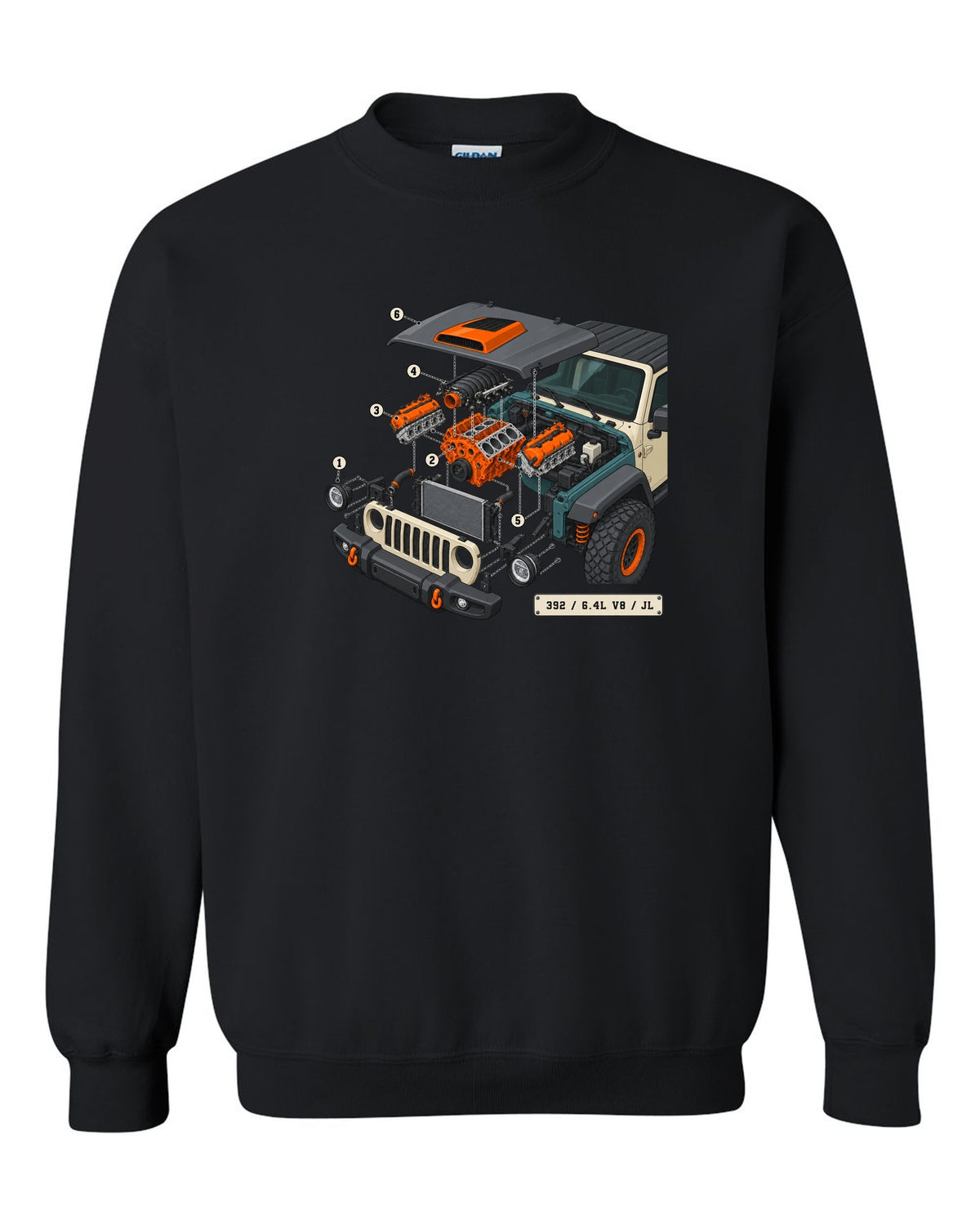 Jeep Wrangler JL Rubicon 392 6.4L V8 isometric exploded engine diagram with callouts black crewneck front view with the design