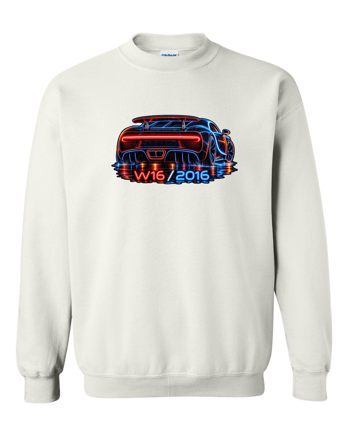 Neon sign style illustration of the Bugatti Chiron rear light bar in rain with W16 2016 lettering white crewneck front view with the design