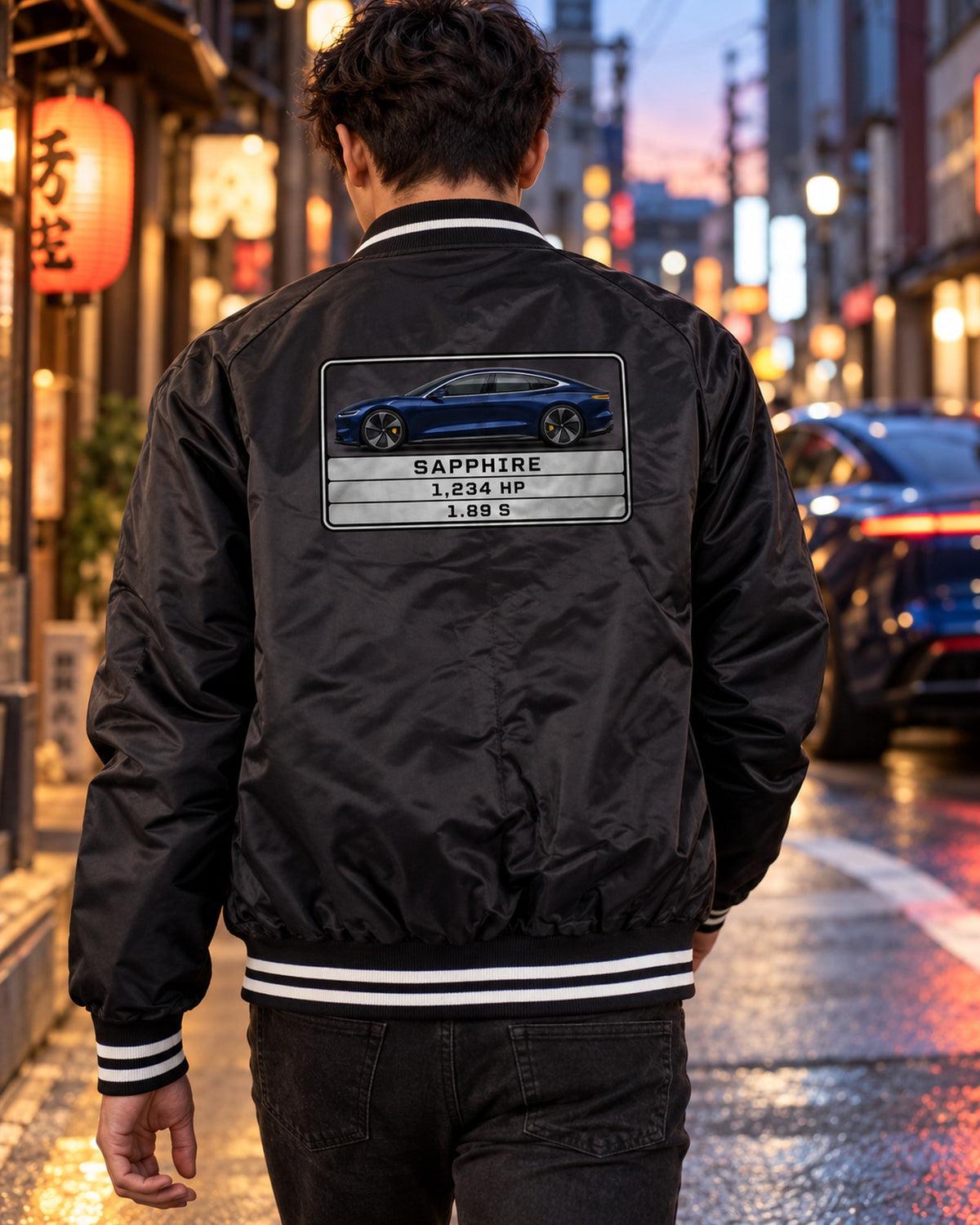 Lucid Air Sapphire Spec Plate Shirt, Monospace Data Print Bomber Jacket Black worn hero
