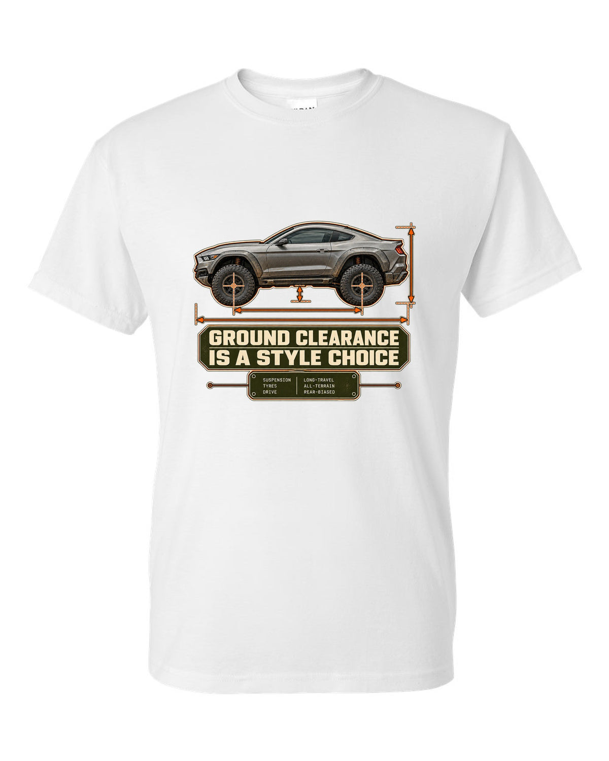 print of a Mustang Raptor concept dimension blueprint with ground clearance text white t-shirt front view with the design
