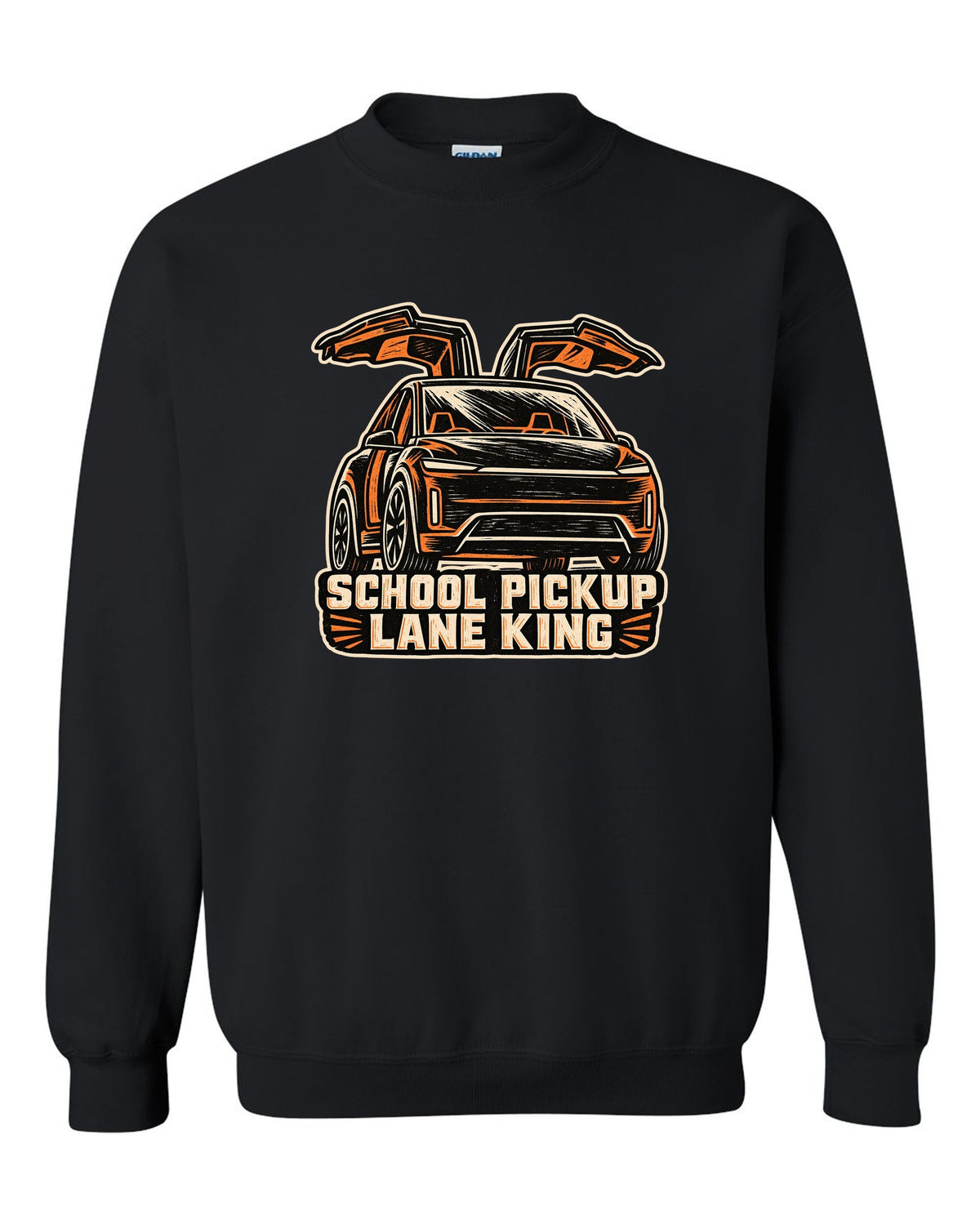 Chunky linocut woodblock print of a Tesla Model X reading School Pickup Lane King black crewneck front view with the design