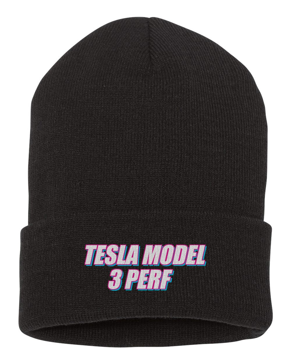 Tesla Model 3 Perf black beanie front view with car name