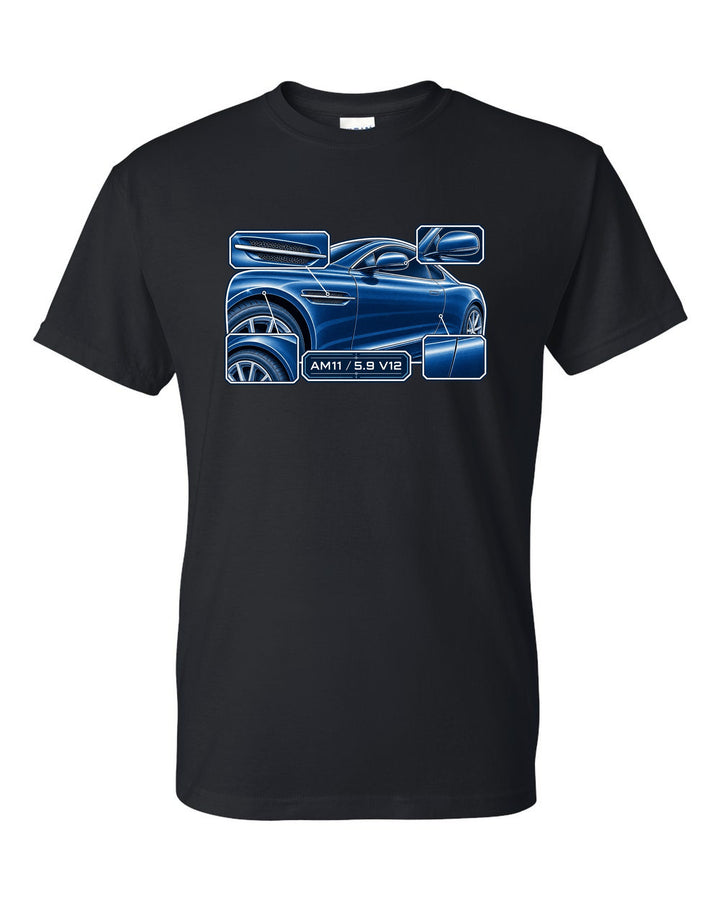 Aston Martin DB9 cyanotype blueprint with AM11 5.9 V12 lettering black t-shirt front view with the design