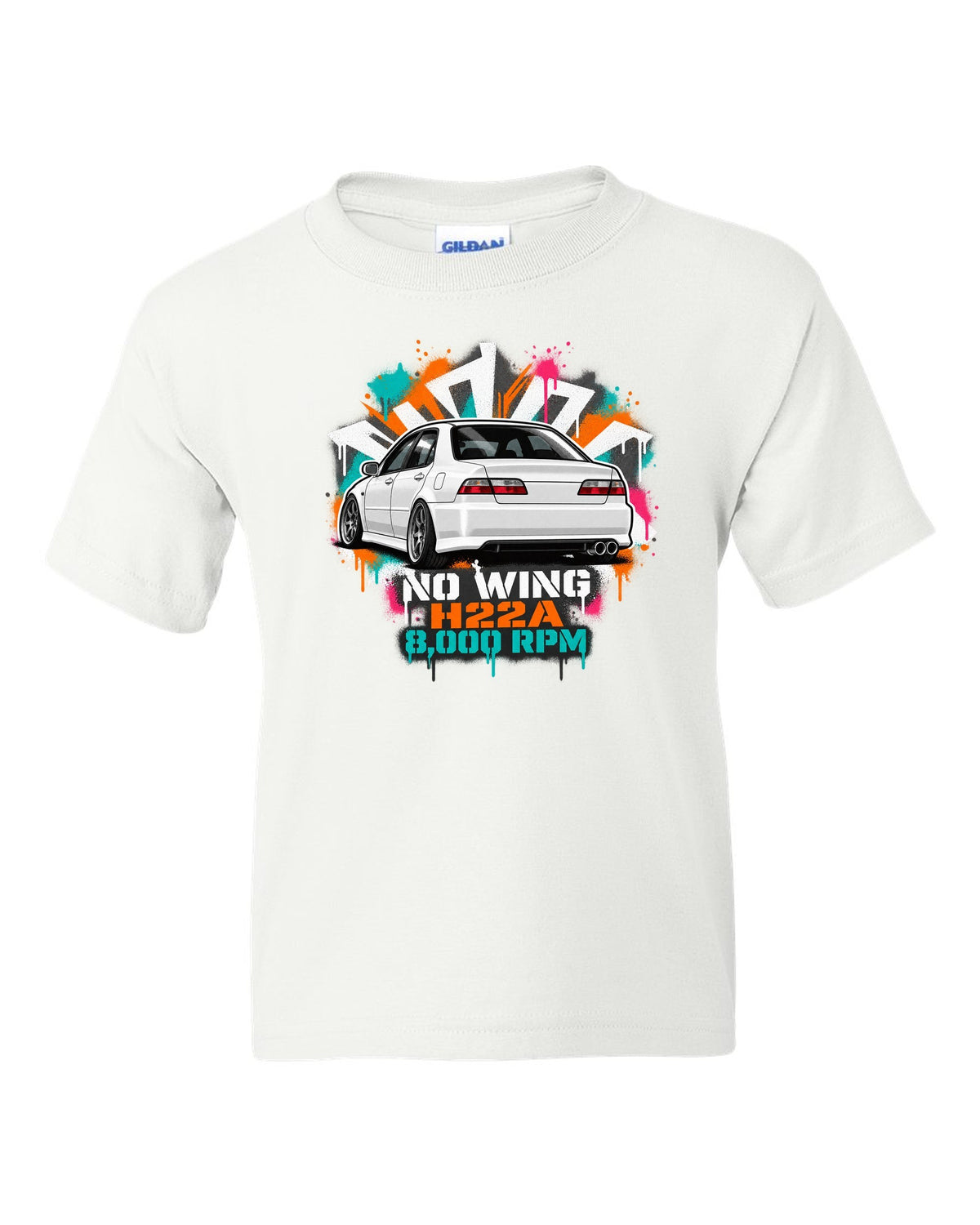 Stencil spray street art print of a Honda Accord Euro R CL1 with no wing H22A 8,000 RPM text white kids tee front view with the design