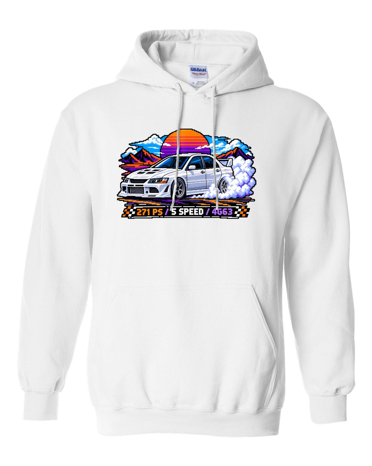 Pixel art burnout print of the Mitsubishi Evo VIII CT9A with 271 PS 5 speed 4G63 text white pull over hoodie front view with the design