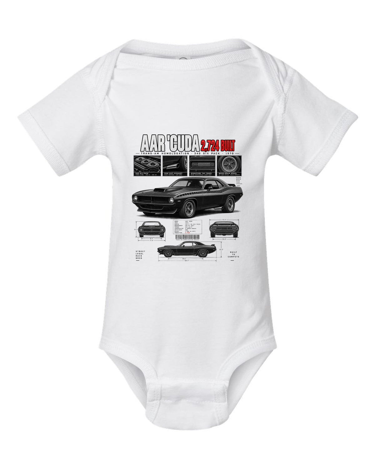 1970 Plymouth AAR Cuda E-body Dossier, 2,724 Built Tee white baby onesie front view with the design