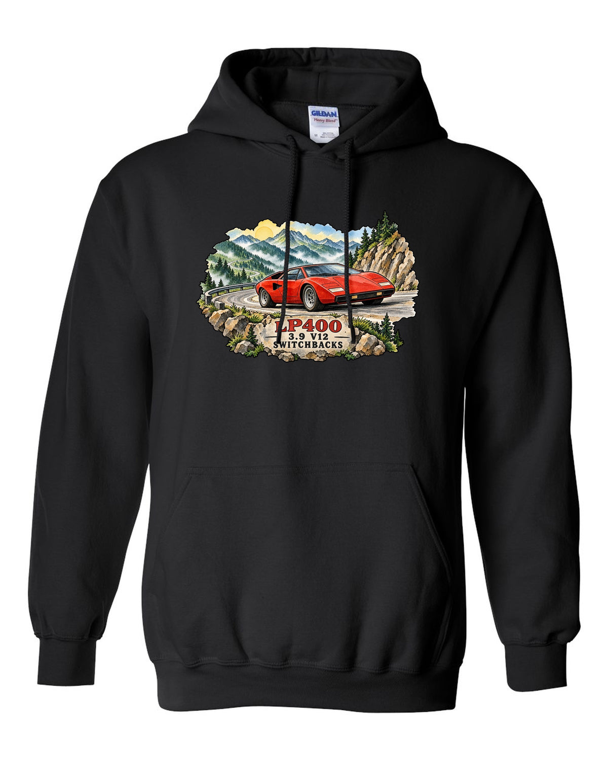 Watercolour ink wash design of a Lamborghini Countach LP400 on mountain switchbacks black pull over hoodie front view with the design