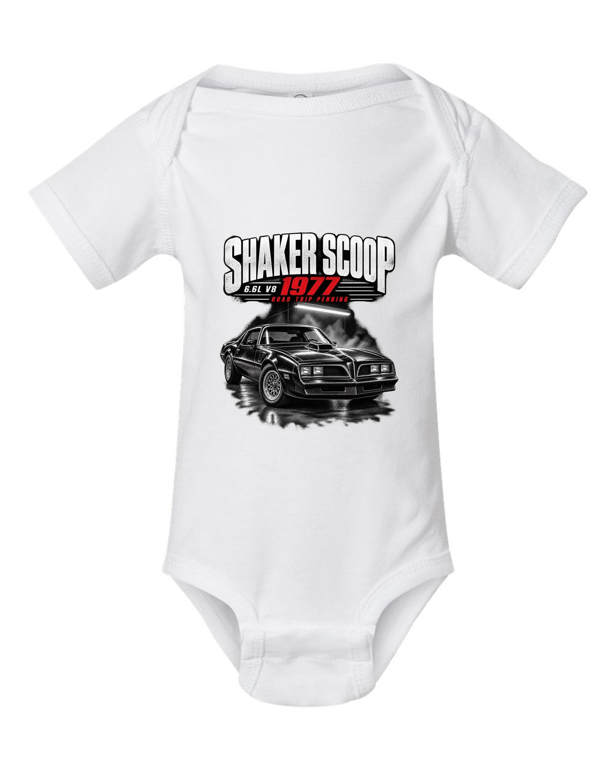 Garage night print of a 1977 Pontiac Firebird Trans Am with shaker scoop white baby onesie front view with the design