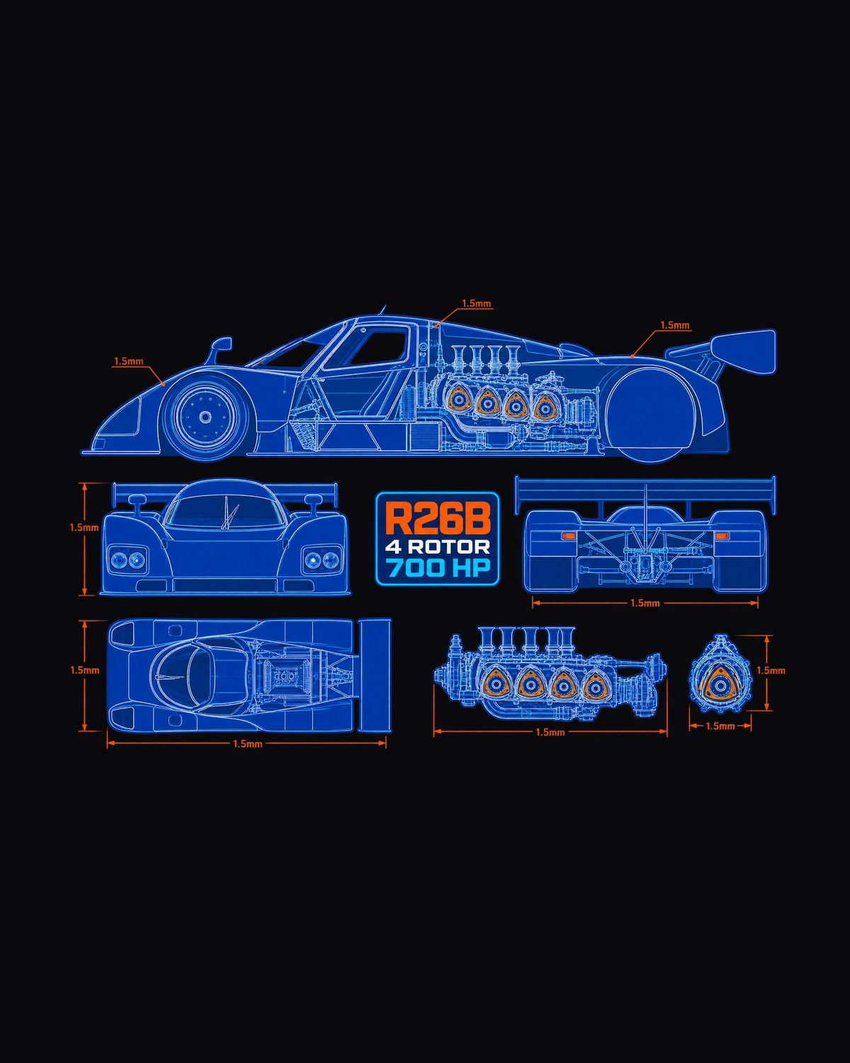 Mazda 787B R26B Engine Cutaway Blueprint Shirt, 4 Rotor design only
