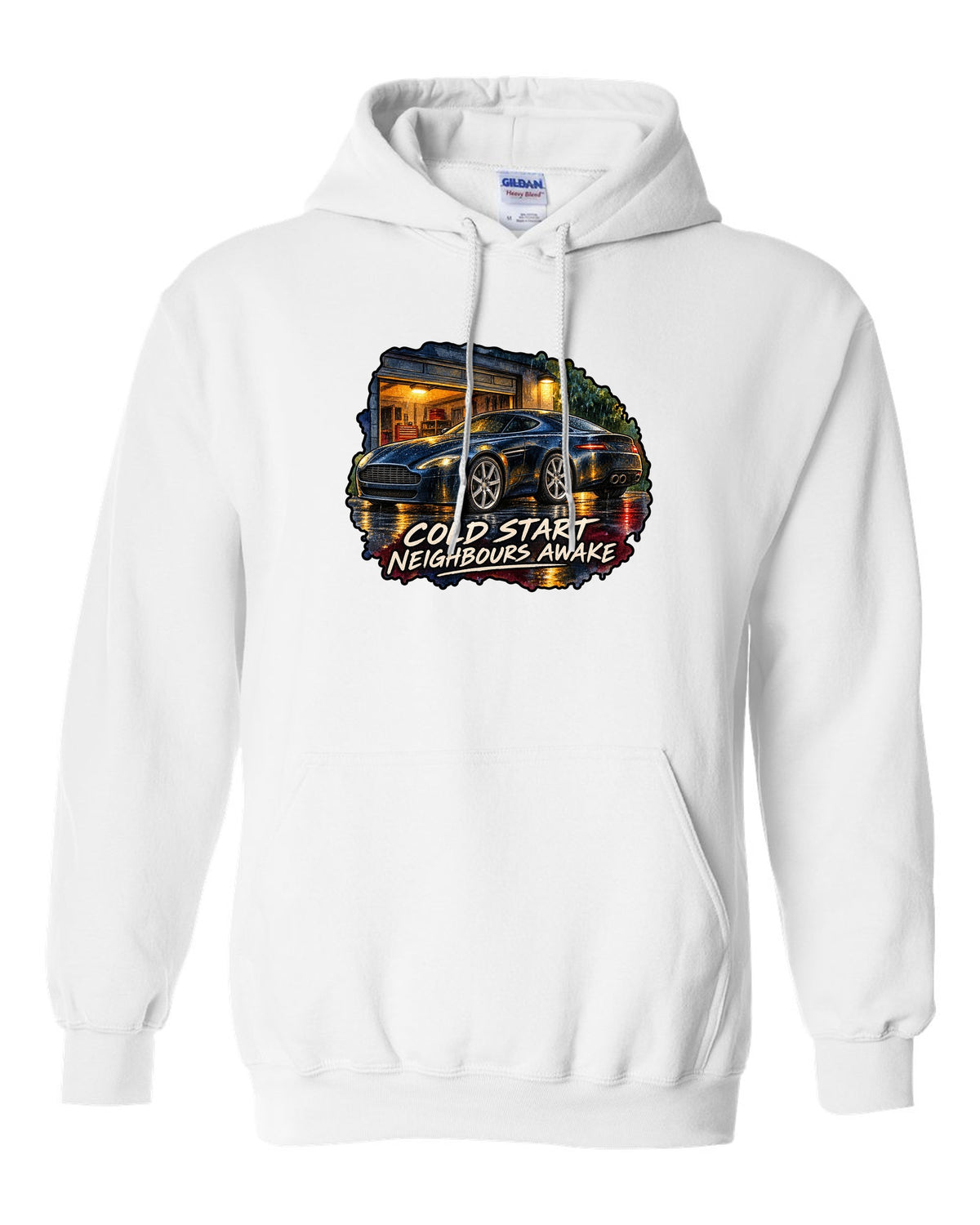 Aston Martin V8 Vantage watercolour wet-road night with COLD START NEIGHBOURS AWAKE white pull over hoodie front view with the design