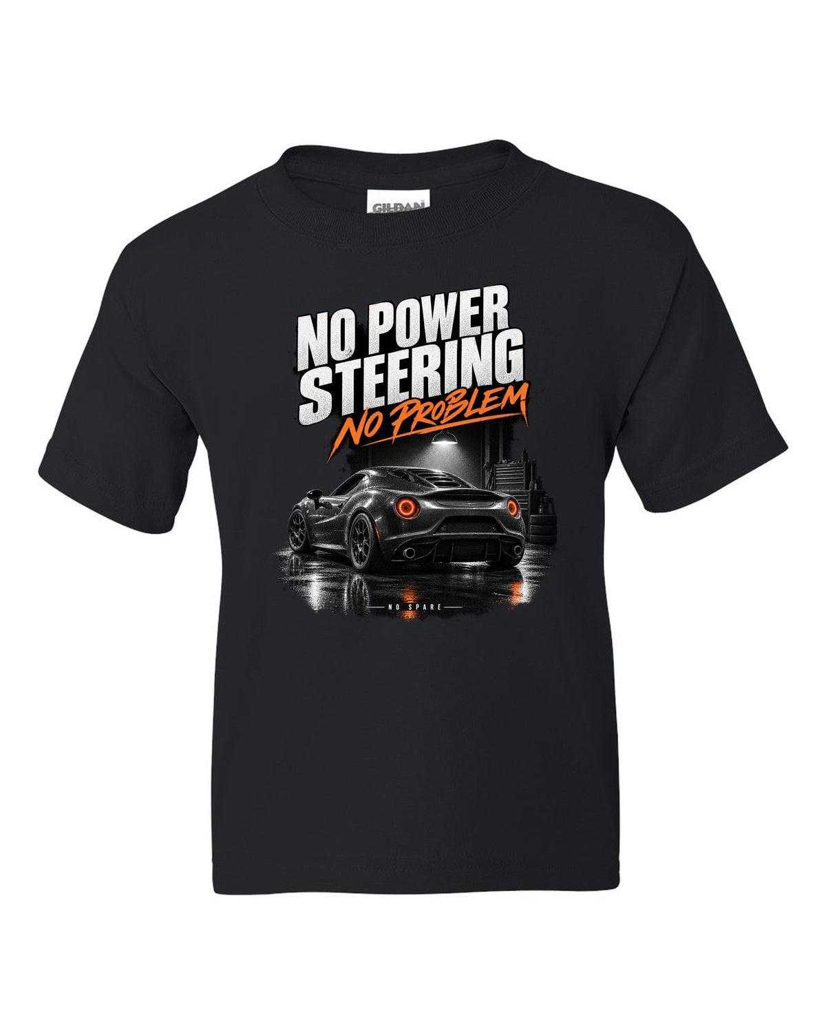 Garage night print of an Alfa Romeo 4C with no power steering no spare text black kids tee front view with the design