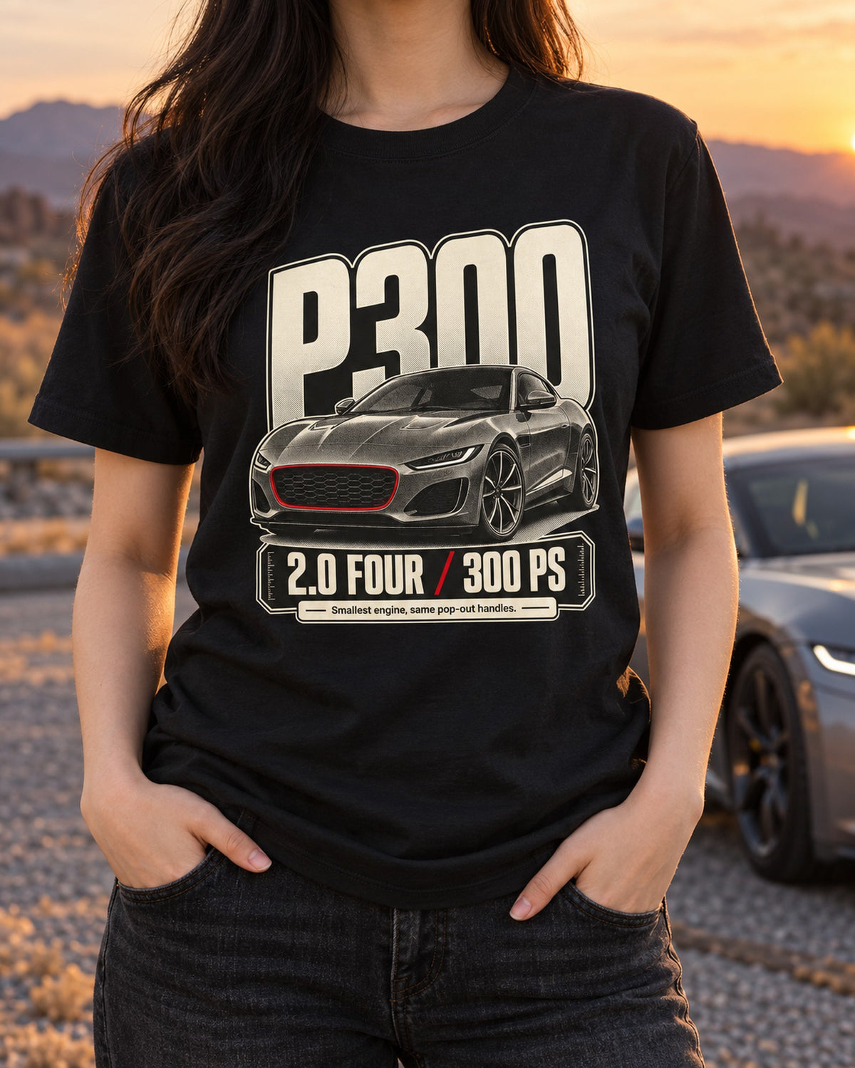 Jaguar F-Type P300 2.0T Four-Cylinder Halftone Statement Tee T-Shirt Black worn hero