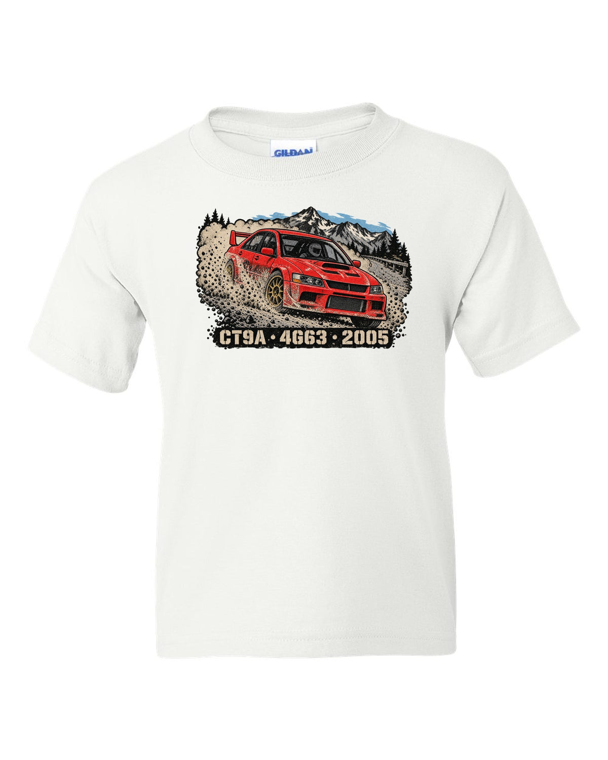 Distressed screenprint print of a Mitsubishi Lancer Evolution IX CT9A on gravel with CT9A 4G63 2005 lettering white kids tee front view with the design