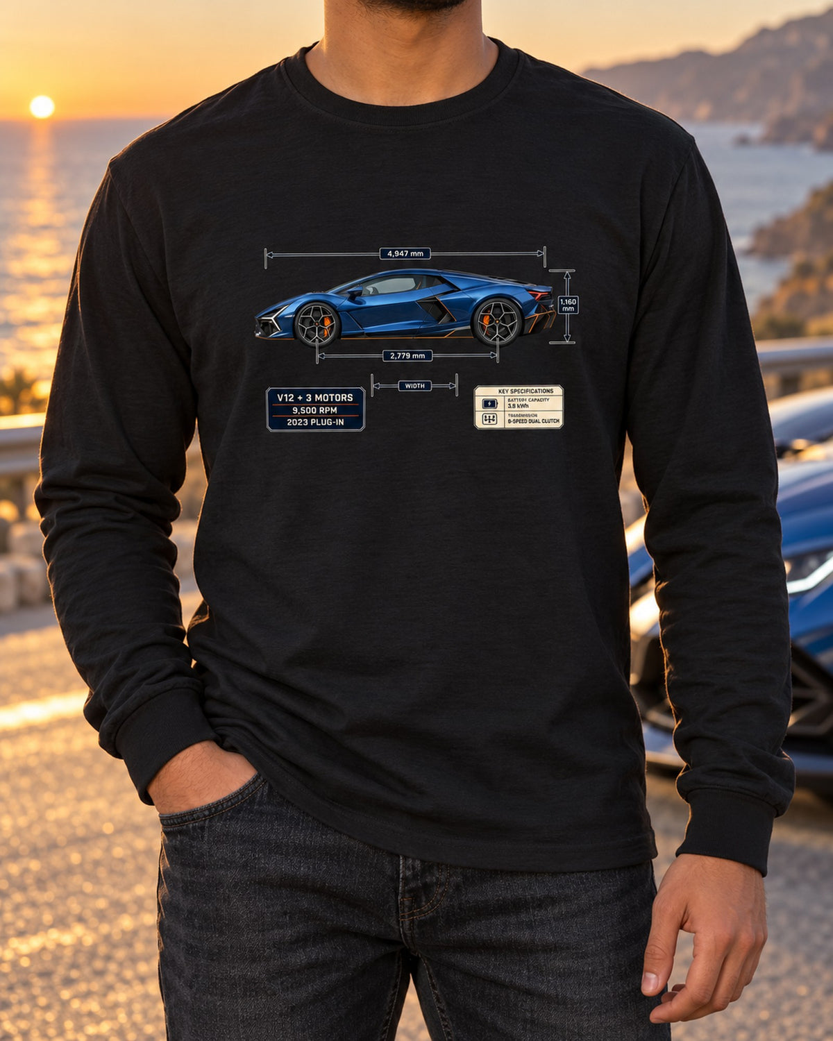 Lamborghini Revuelto Dimension Blueprint Shirt, V12 Hybrid Long Sleeve Black worn hero