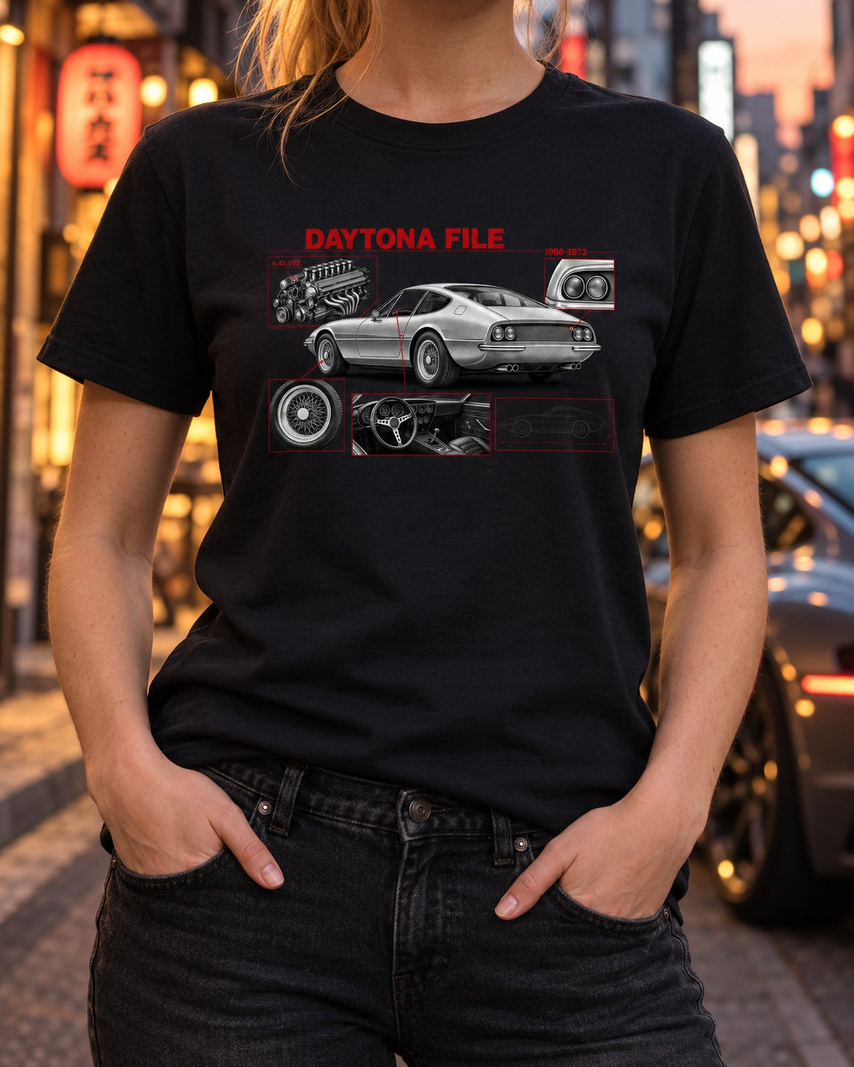 Ferrari 365 GTB/4 Daytona Six Weber Carbs V12 Engine Tee T-Shirt Black worn hero
